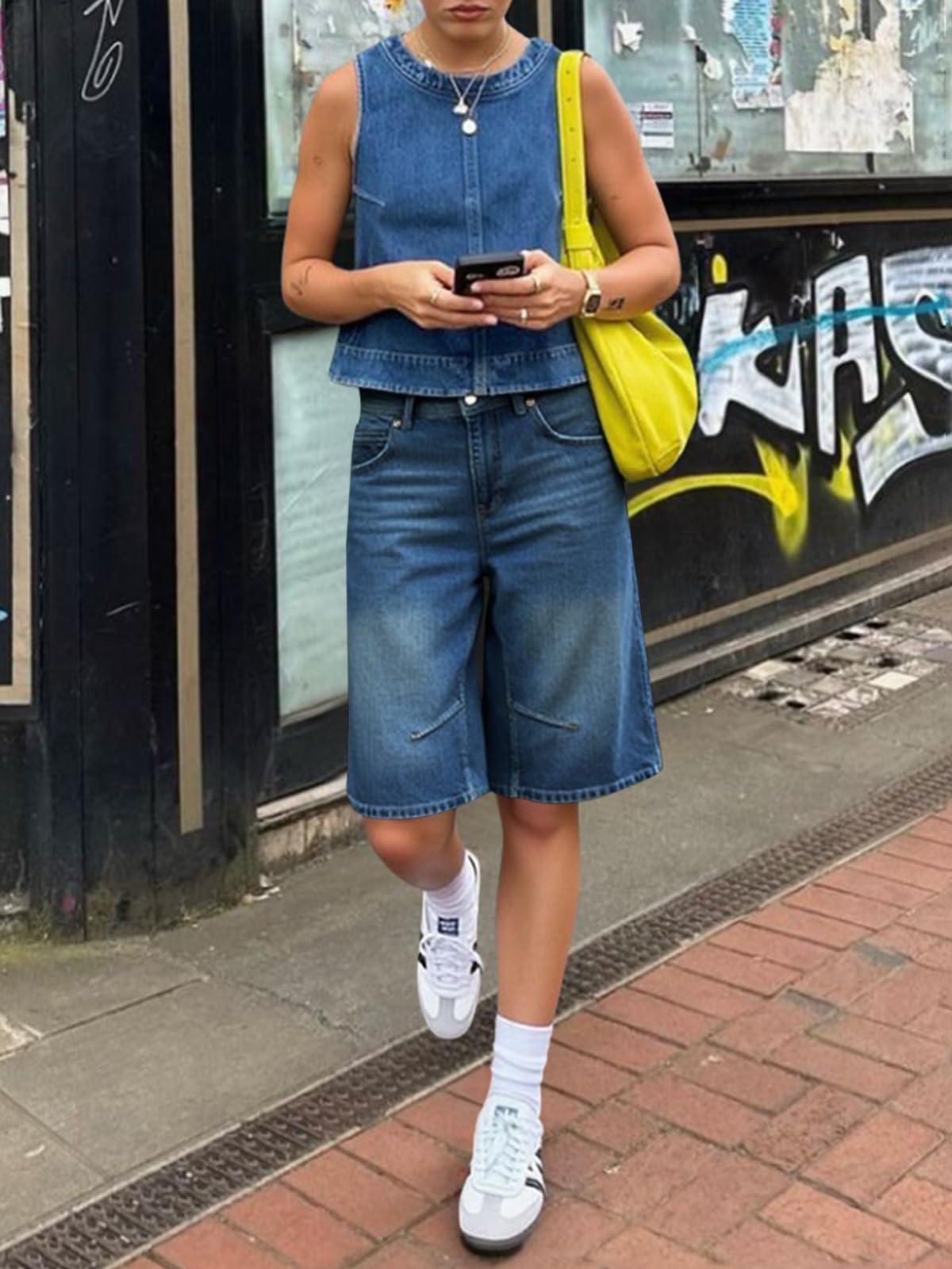 Imily Bela Womens Summer Wide Leg Denim Shorts Casual Loose Mid Rise Jorts Bermuda Knee Length Jeans Shorts