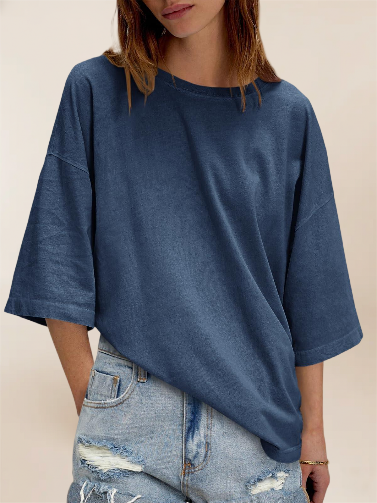 Imily Bela Womens Oversized Half Sleeve T-Shirts Summer Casual Crew Neck Tunic Tops Loose Fit Boxy Basic Tees