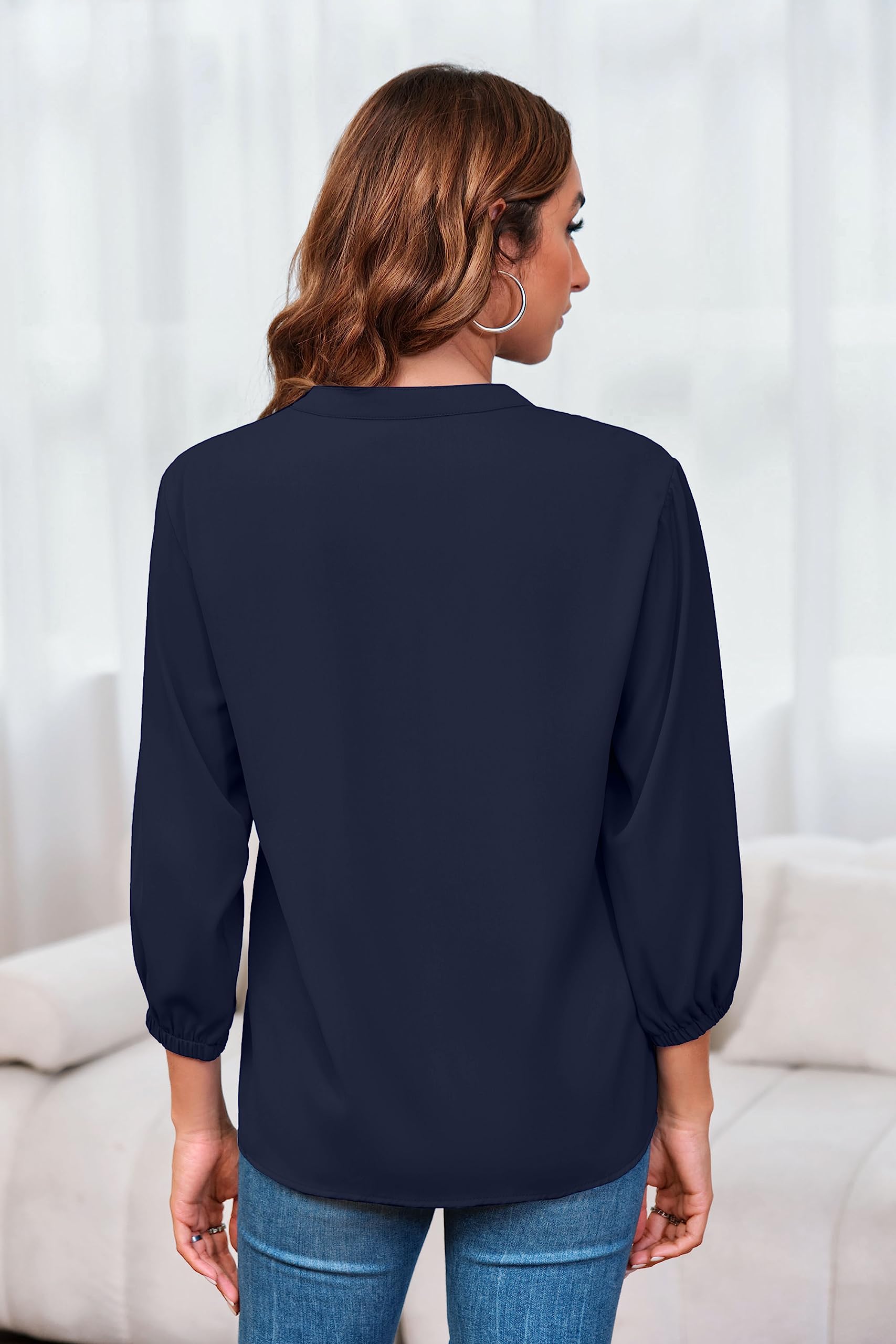 Imily Bela Womens V-Neck Lantern Sleeve Blouse Zipper Design Loose Casual Top Shirts