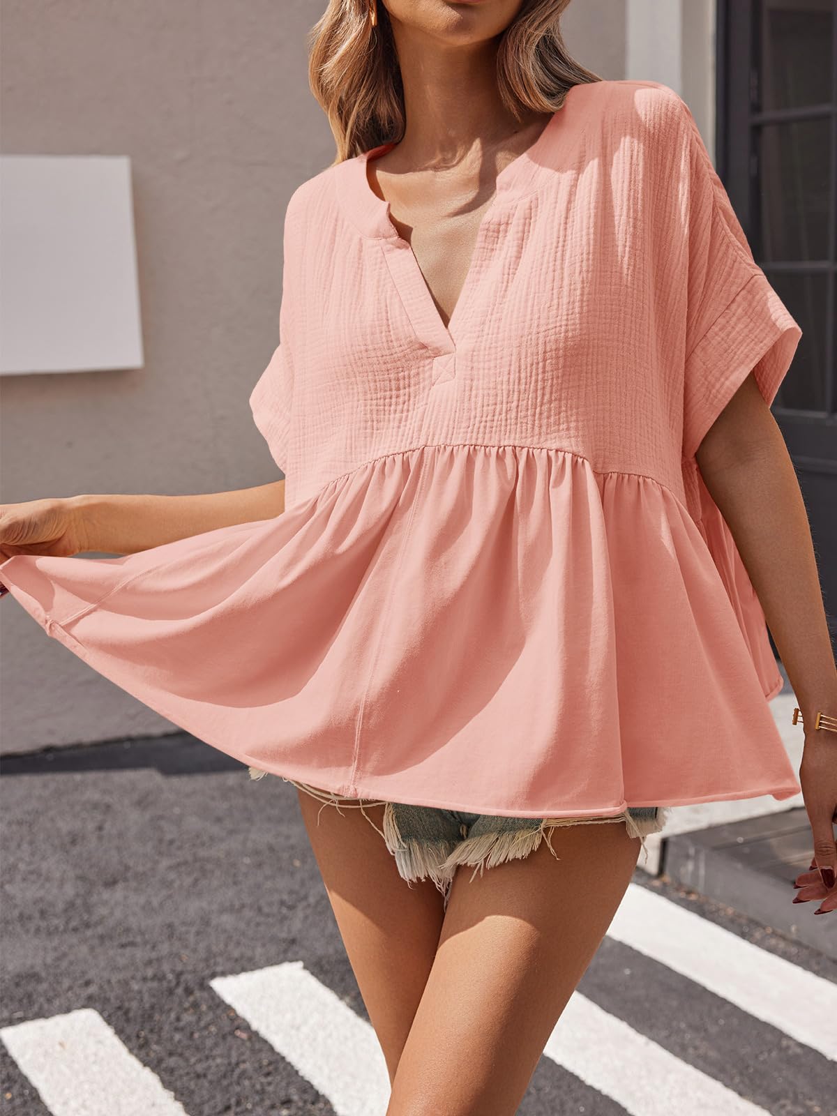 Imily Bela Womens Summer Babydoll Tops V Neck Short Sleeve Pleated Flowy Shirts Casual Loose Fit Peplum Blouse