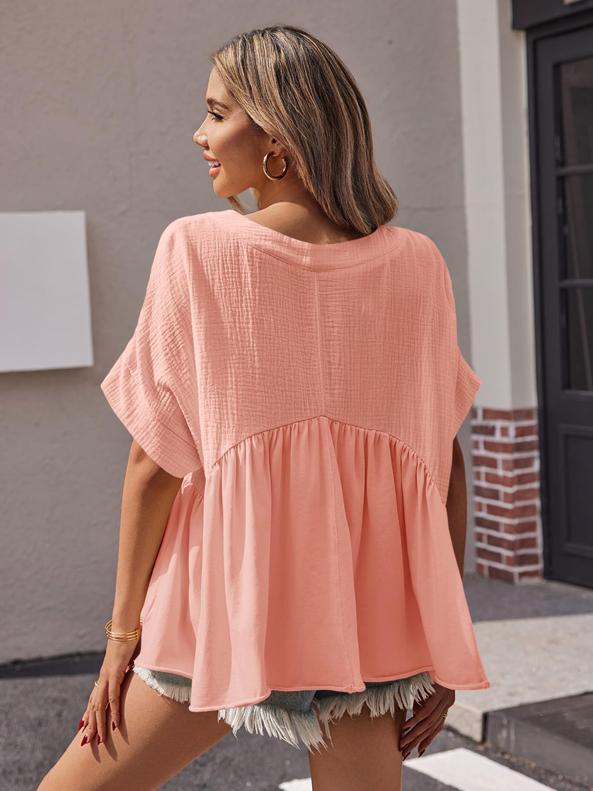 Imily Bela Womens Summer Babydoll Tops V Neck Short Sleeve Pleated Flowy Shirts Casual Loose Fit Peplum Blouse