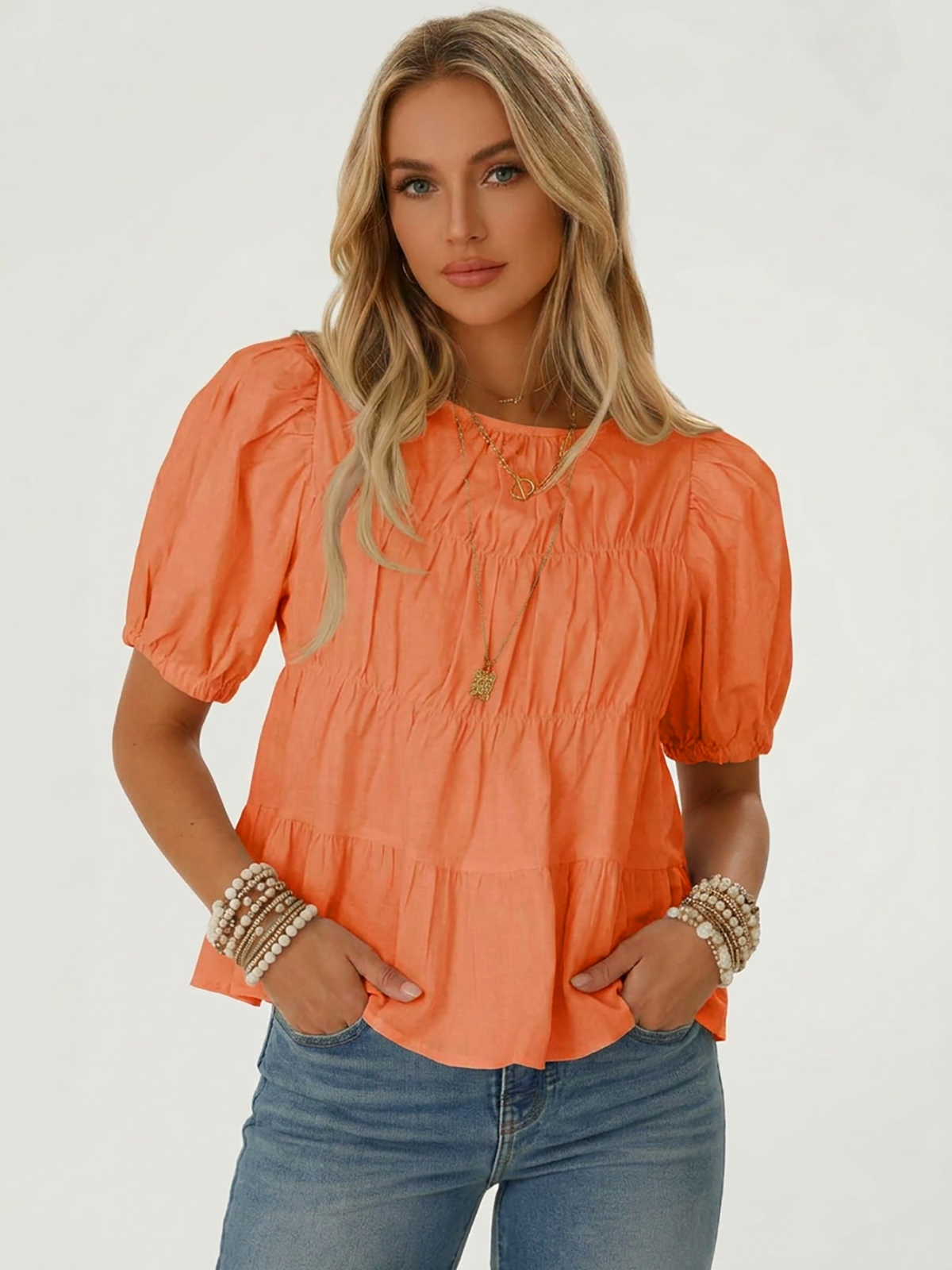 Womens Puff Sleeve Peplum Babydoll Tops Summer Flowy Pleated Cotton T-Shirts Casual Loose Fit Cute Blouse