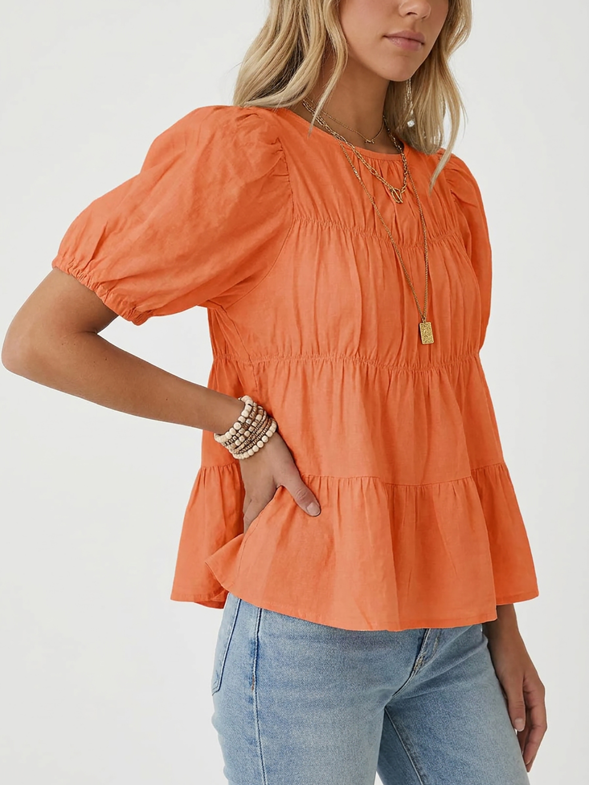 Womens Puff Sleeve Peplum Babydoll Tops Summer Flowy Pleated Cotton T-Shirts Casual Loose Fit Cute Blouse