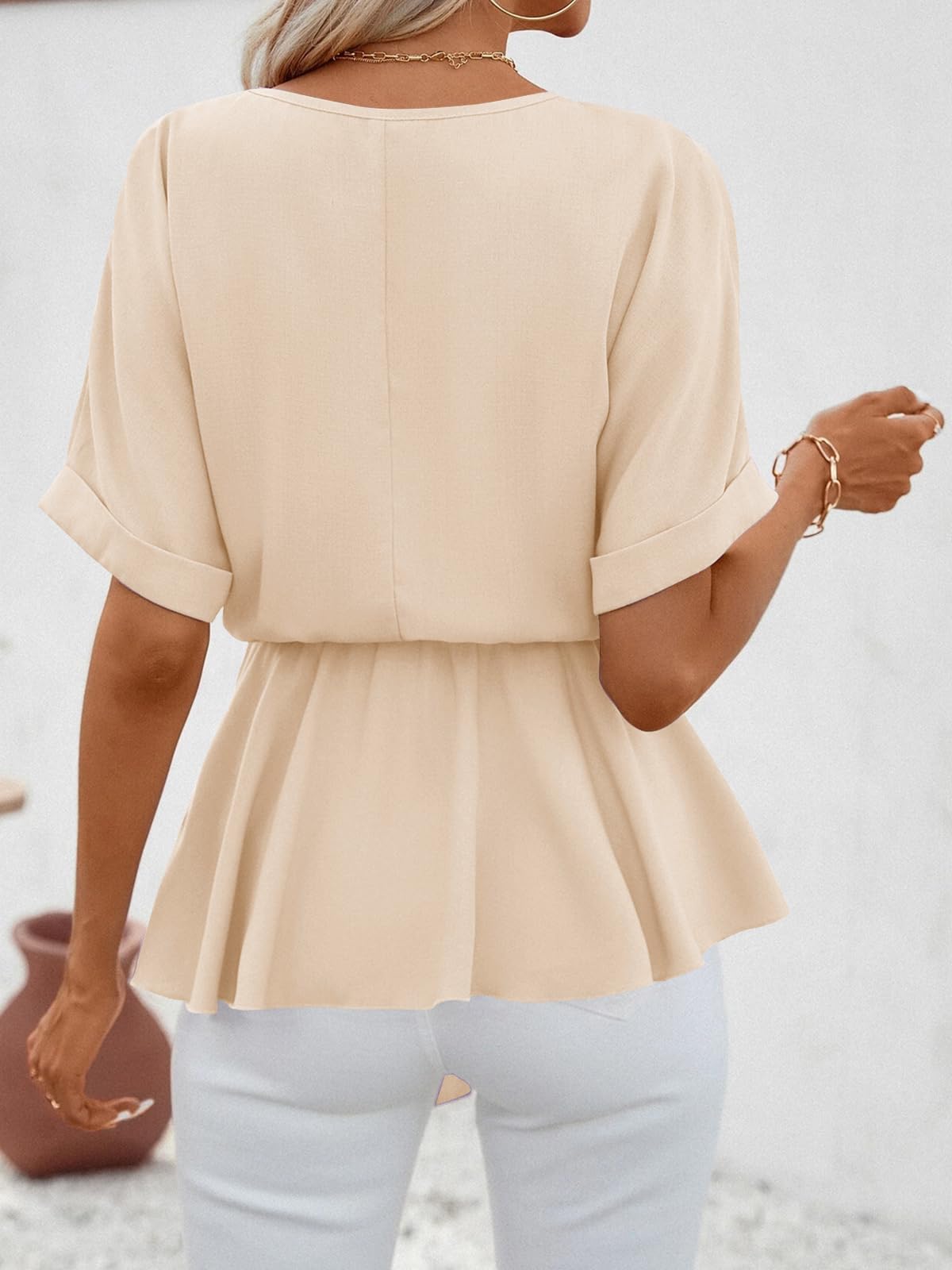 Imily Bela Womens V Neck Blouse Short Sleeve Belted Casual T-Shirts Basic Tee Tops