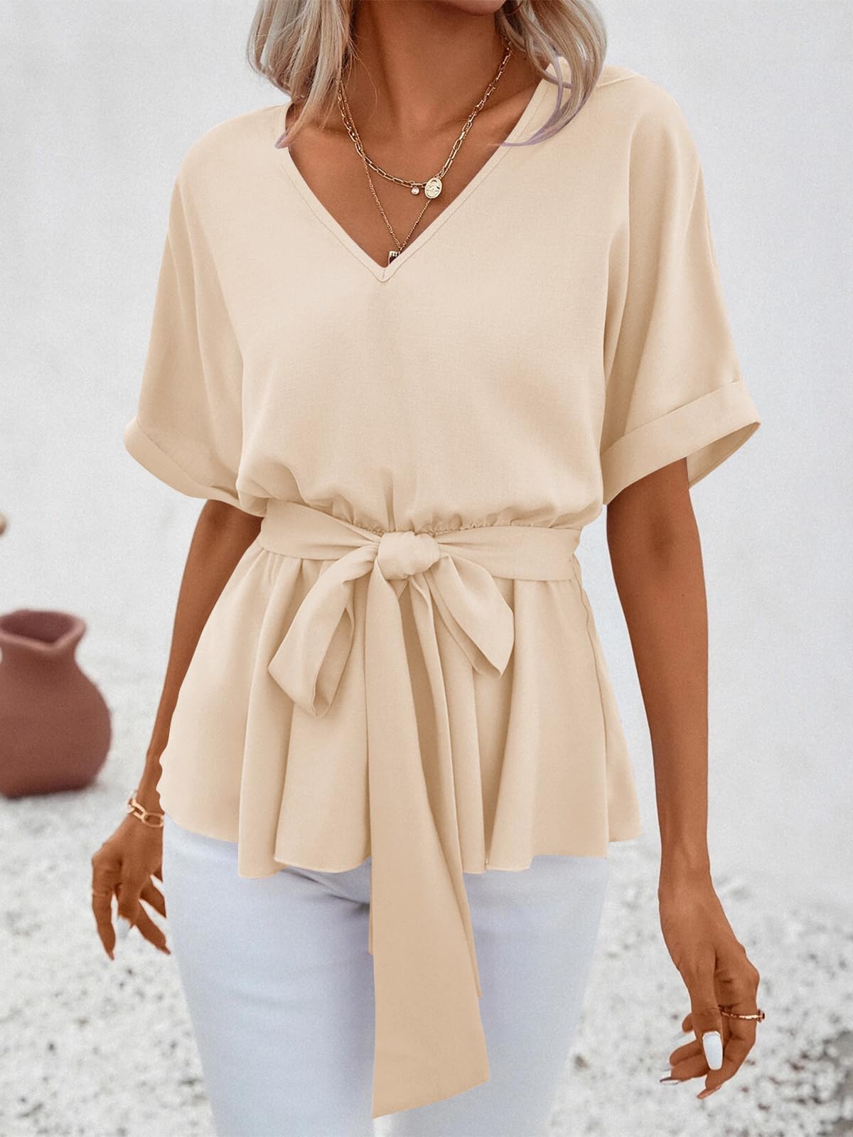 Imily Bela Womens V Neck Blouse Short Sleeve Belted Casual T-Shirts Basic Tee Tops