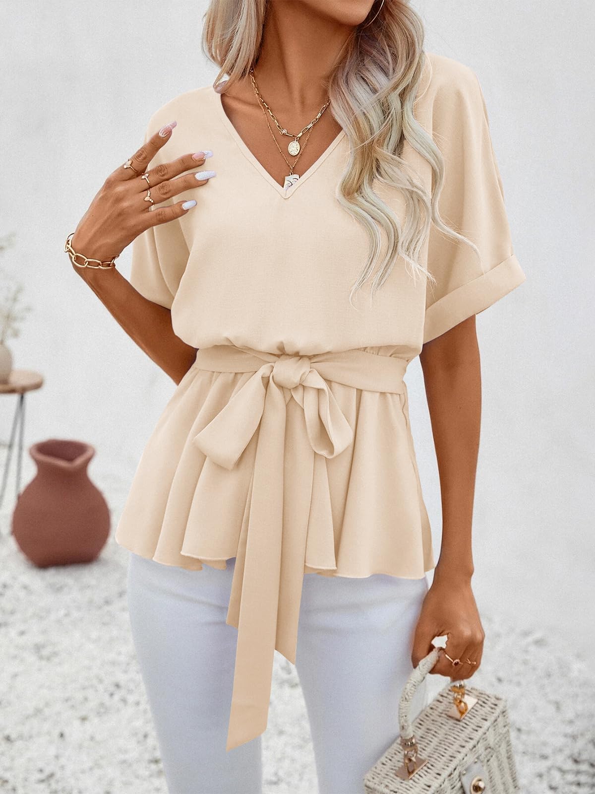 Imily Bela Womens V Neck Blouse Short Sleeve Belted Casual T-Shirts Basic Tee Tops