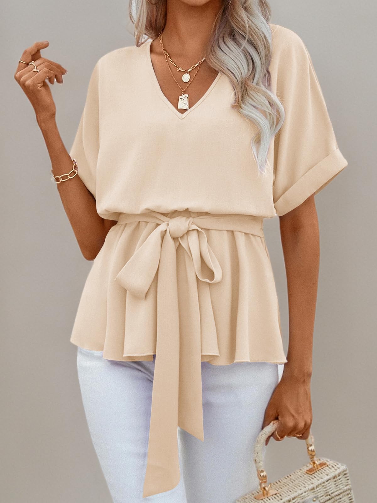 Imily Bela Womens V Neck Blouse Short Sleeve Belted Casual T-Shirts Basic Tee Tops