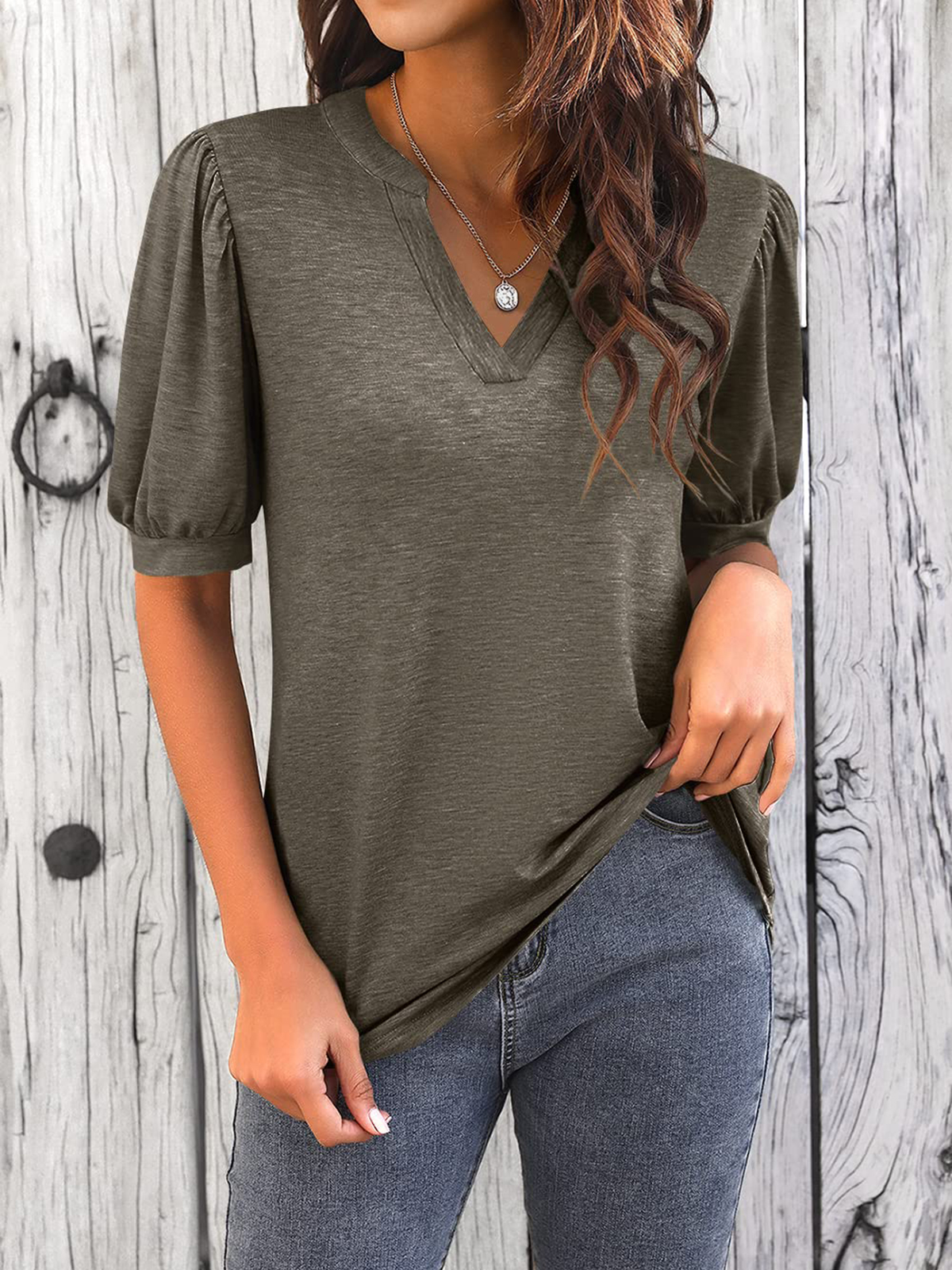 Imily Bela Womens V Neck T Shirts Casual Puff Sleeve Loose Dressy Blouses Summer Tops