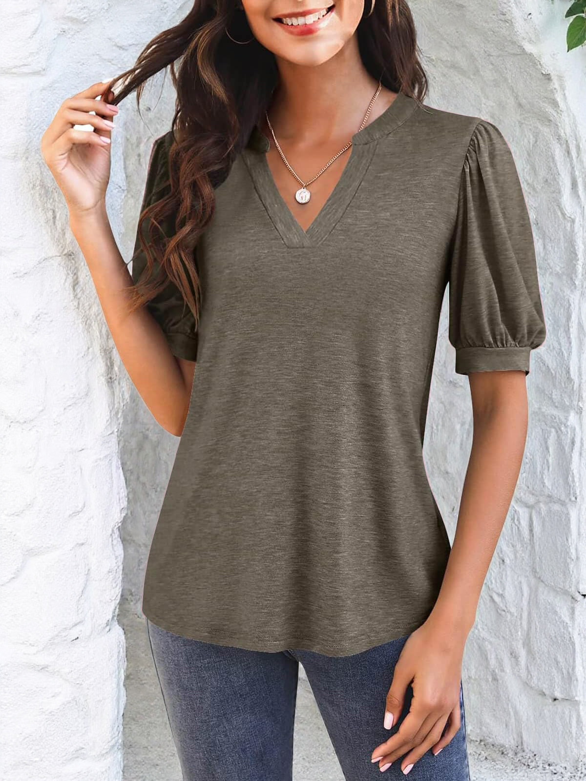 Imily Bela Womens V Neck T Shirts Casual Puff Sleeve Loose Dressy Blouses Summer Tops