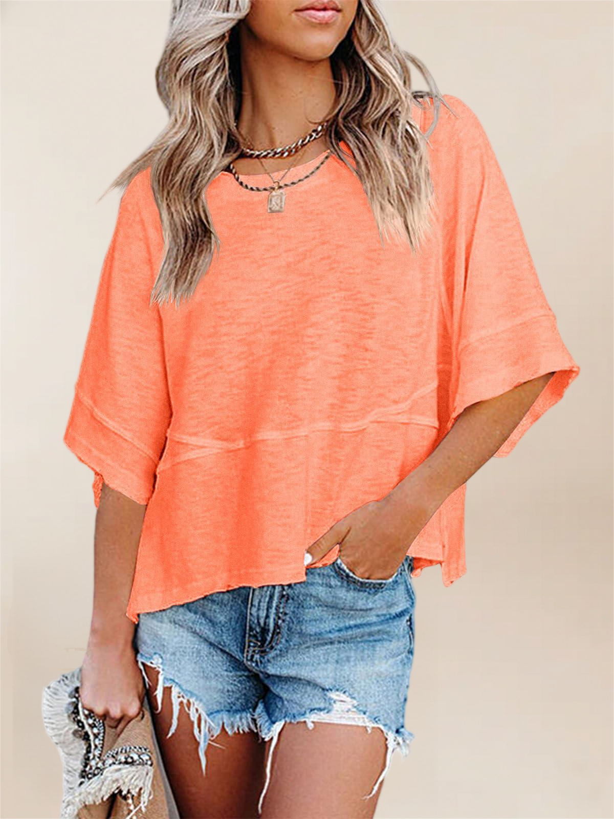 Imily Bela Womens Oversized T Shirts Summer Casual Crewneck 3/4 Sleeve Loose Fit Cute Flowy Tops