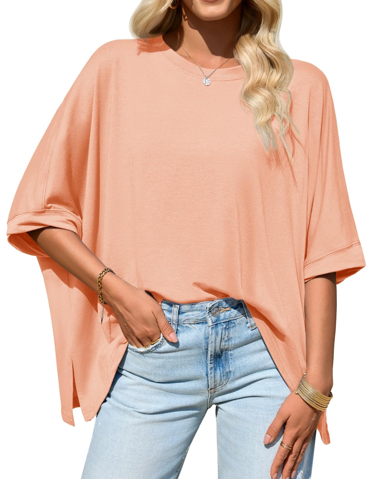Imily Bela Womens Oversized Tshirts Batwing Short Sleeve Asymmetric Hem Tops Summer Casual Loose Fit Tunic Tee Shirts