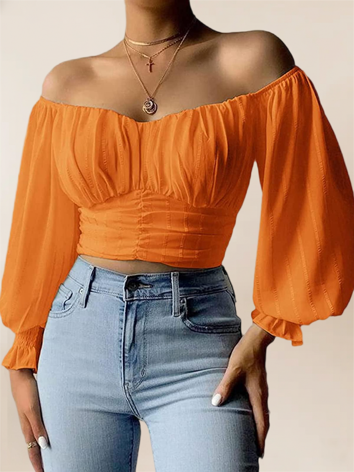 Imily Bela Womens Elegant Off The Shoulder Puff Sleeve Blouse Summer Chiffon Slim Fit Party Crop Top
