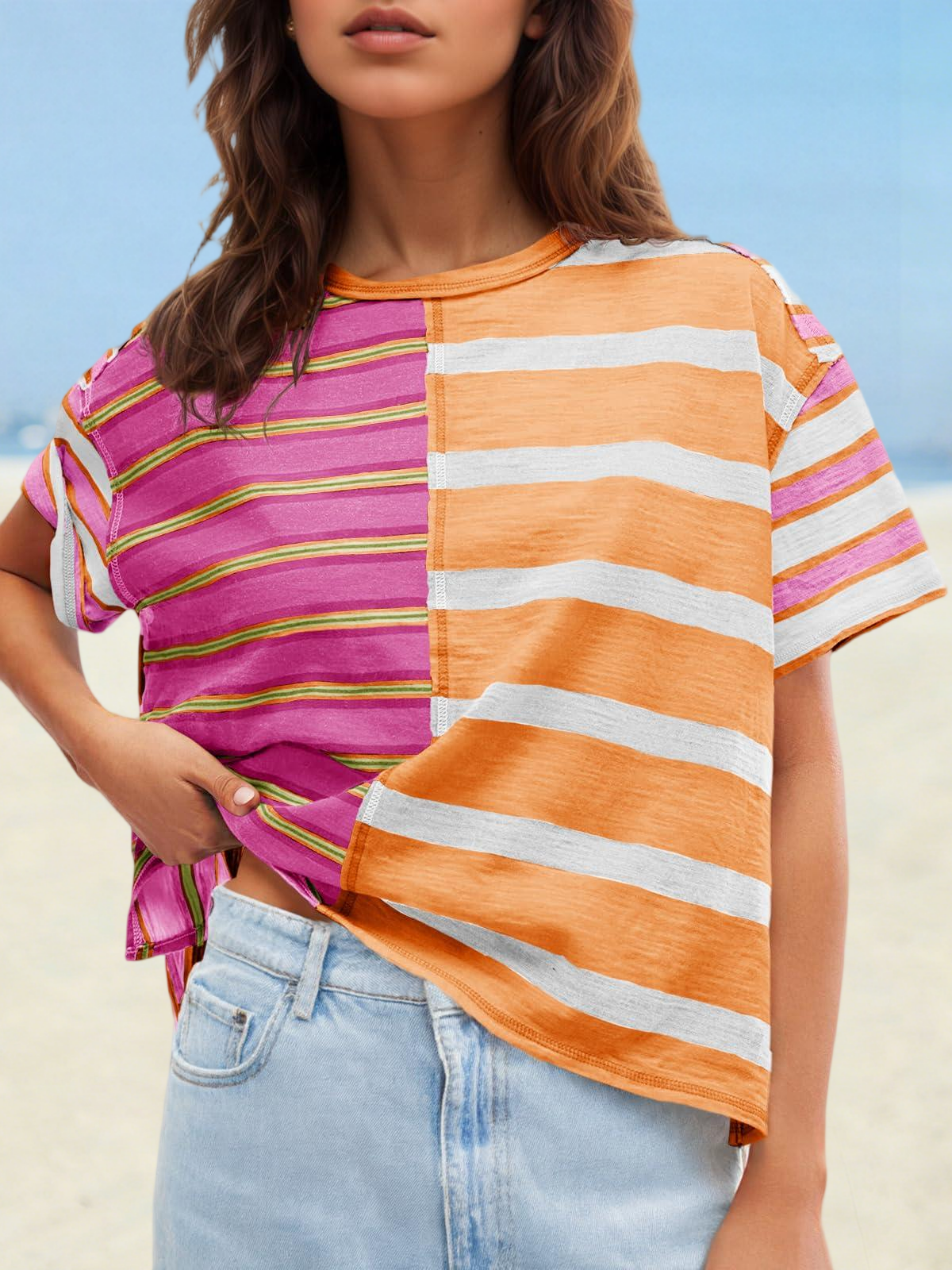 Imily Bela Womens Summer Striped Shirts Casual Color Block Short Sleeve Tops Loose Fit Crew Neck Tees