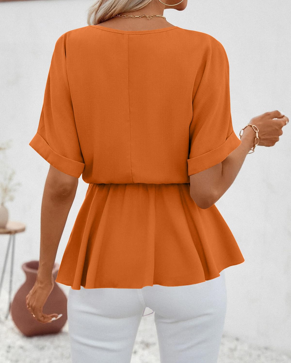 Imily Bela Womens V Neck Blouse Short Sleeve Belted Casual T-Shirts Basic Tee Tops