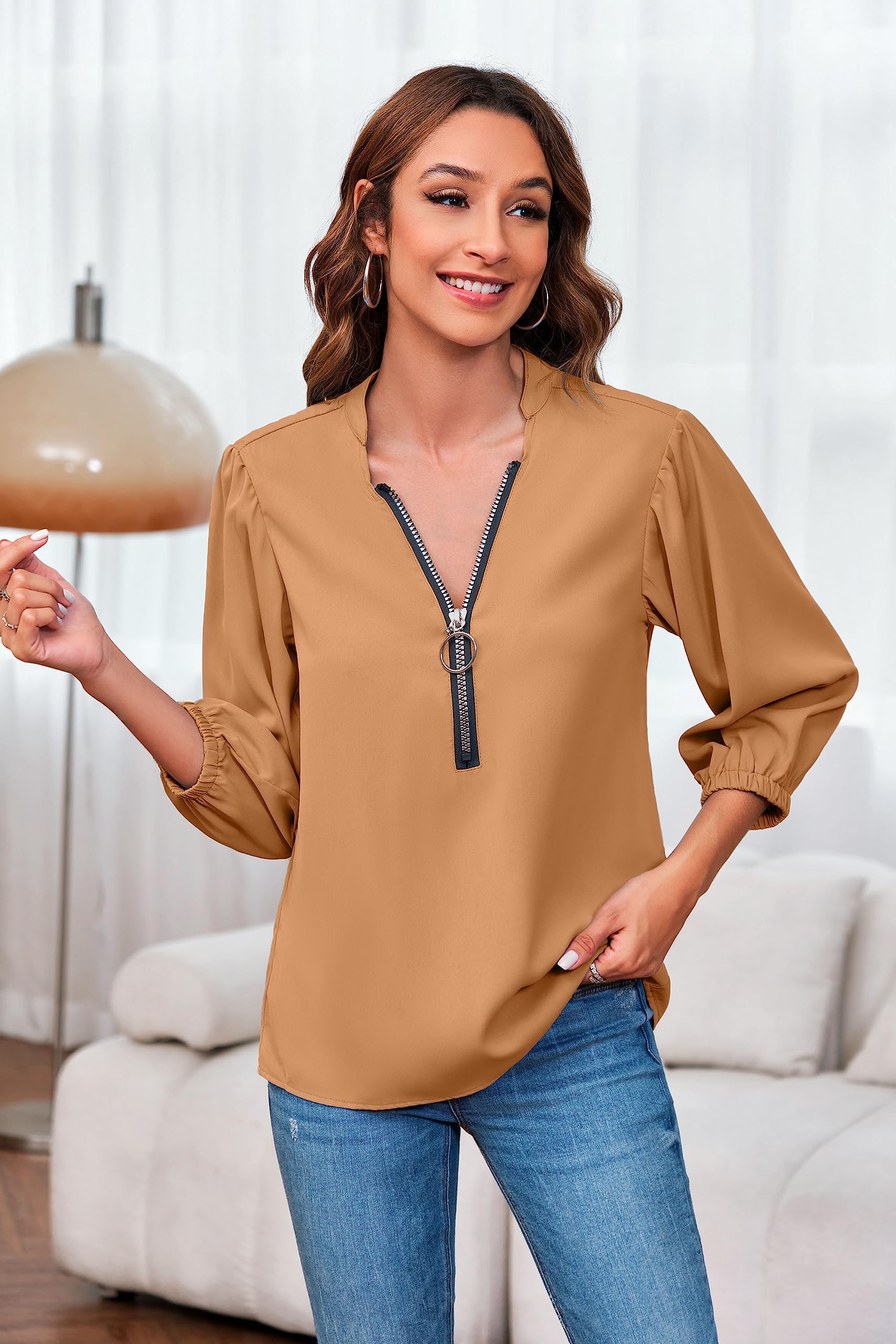 Imily Bela Womens V-Neck Lantern Sleeve Blouse Zipper Design Loose Casual Top Shirts