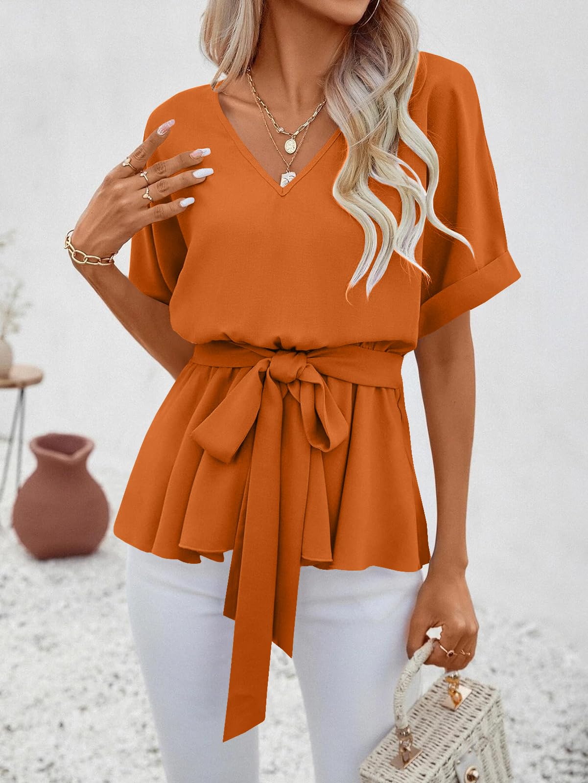 Imily Bela Womens V Neck Blouse Short Sleeve Belted Casual T-Shirts Basic Tee Tops