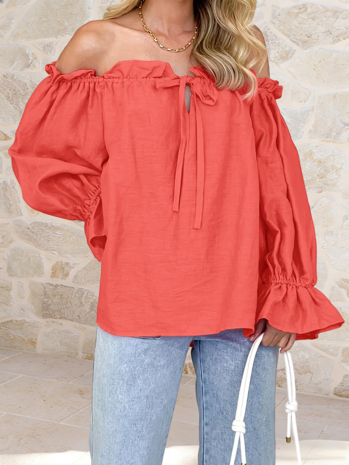 Imily Bela Womens Off The Shoulder Tops Puff Long Sleeve Tie Front Loose Fit Ruffle Shirts Blouses