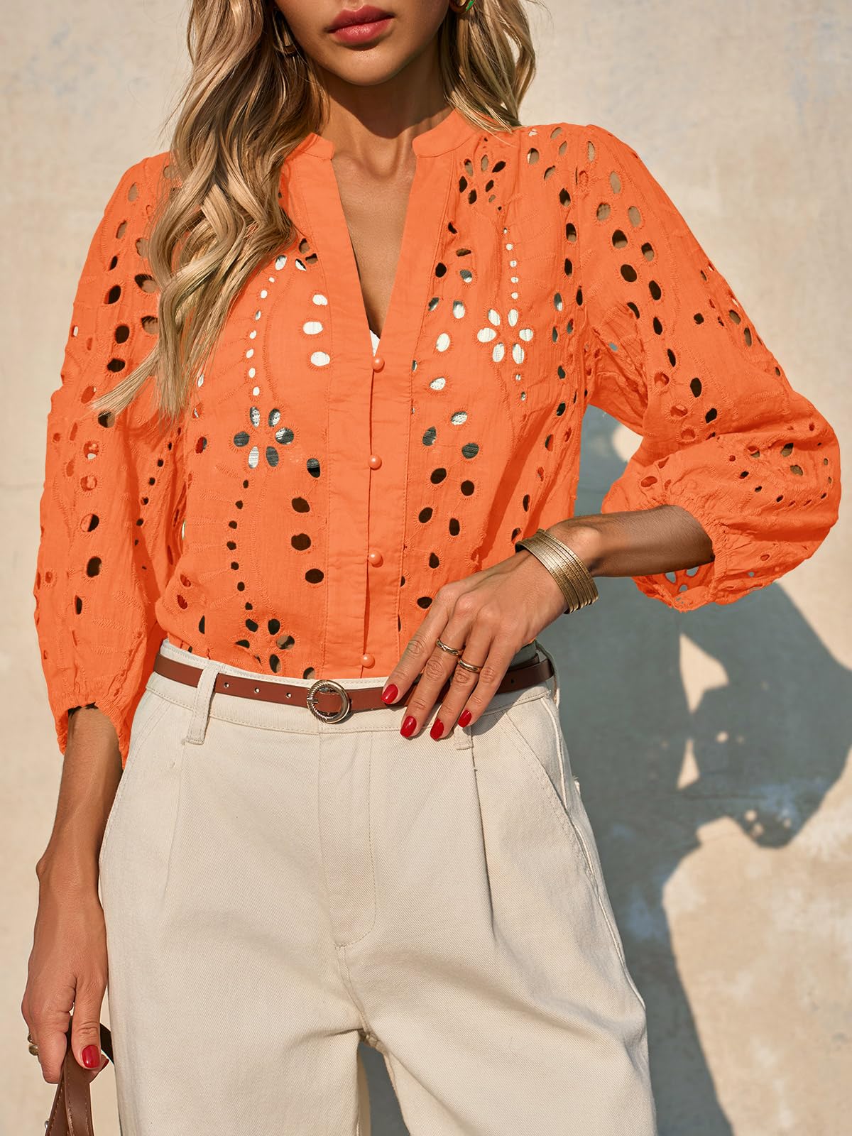 Imily Bela Womens Deep V Neck Eyelet Blouses 3/4 Balloon Sleeve Button Down Hollow Out Fall Shirts