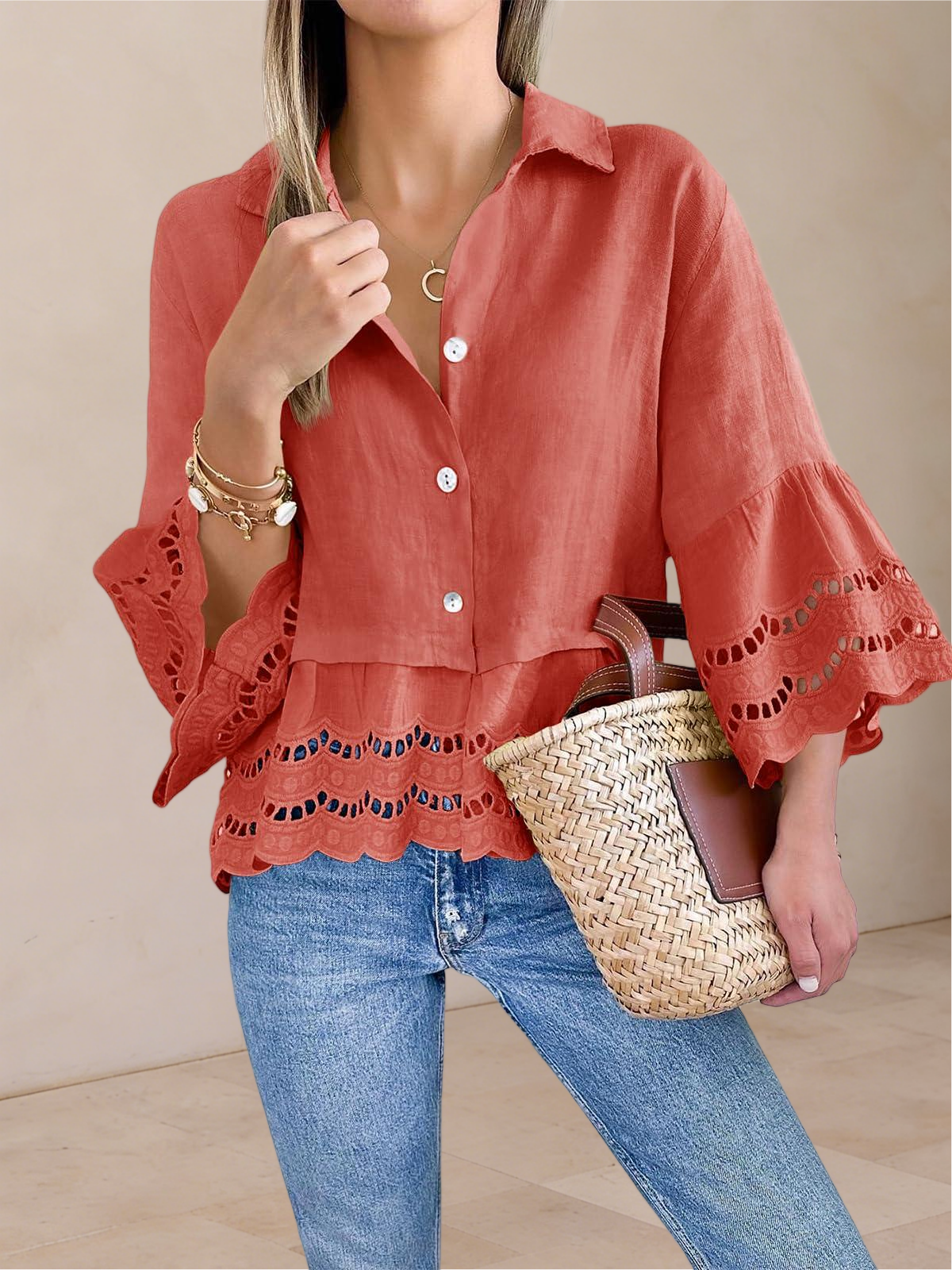 Imily Bela Womens 3/4 Bell Sleeve Button Down Shirts Casual Ruffle Hem Tops Eyelet Blouse