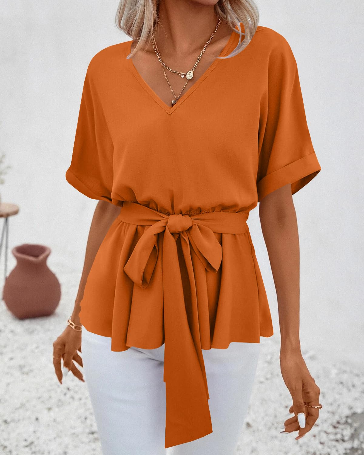 Imily Bela Womens V Neck Blouse Short Sleeve Belted Casual T-Shirts Basic Tee Tops