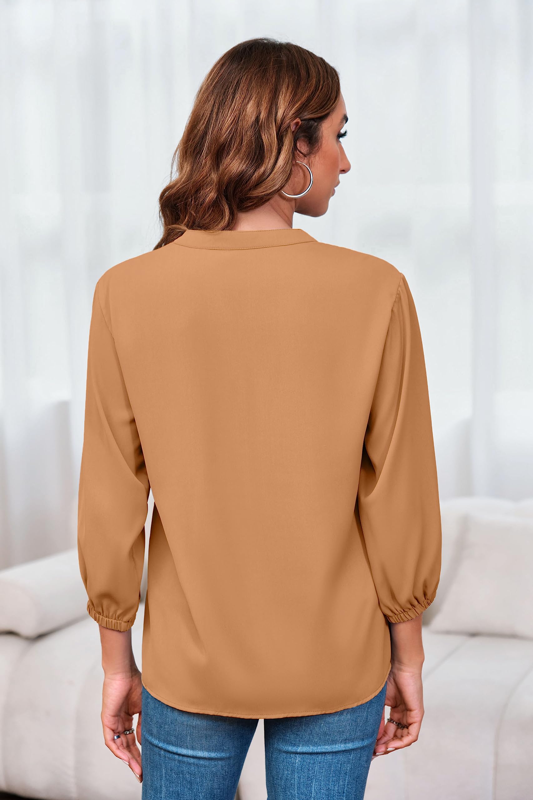 Imily Bela Womens V-Neck Lantern Sleeve Blouse Zipper Design Loose Casual Top Shirts