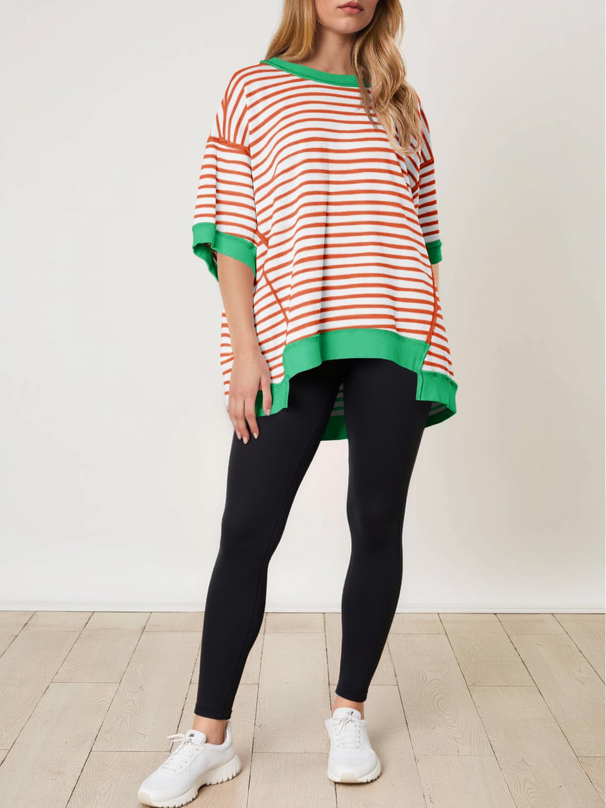 Imily Bela Womens Oversized T Shirts Striped Color Block Cotton Tops Summer Casual Half Sleeve Loose Fit Crewneck Sweatshirts