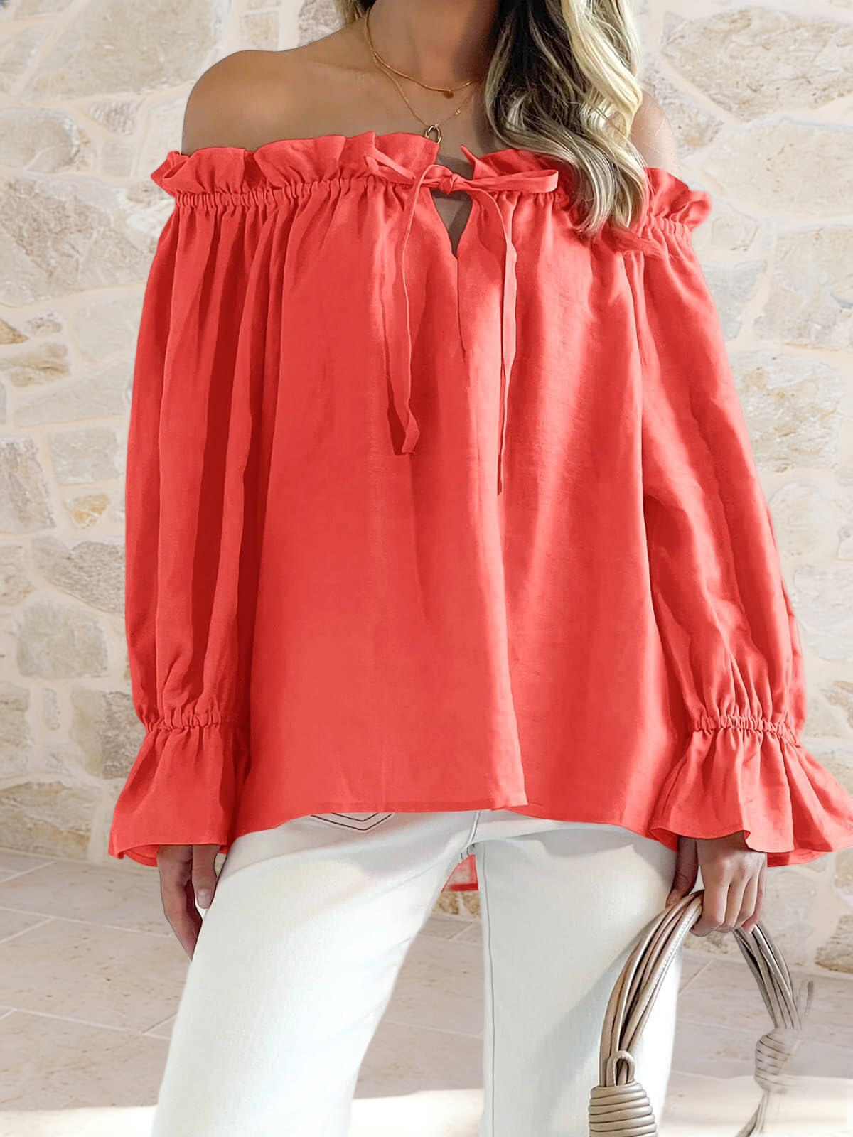 Imily Bela Womens Off The Shoulder Tops Puff Long Sleeve Tie Front Loose Fit Ruffle Shirts Blouses