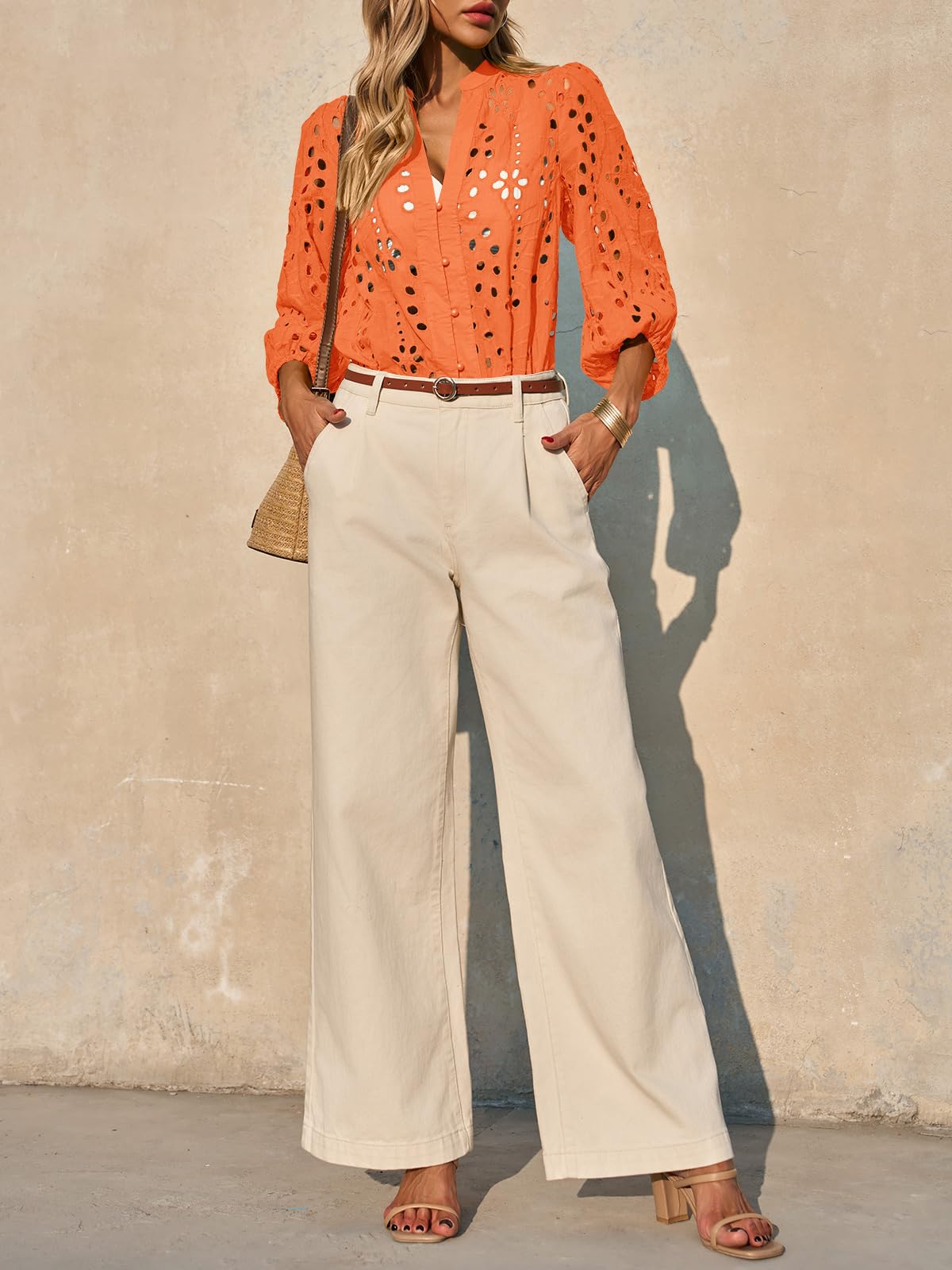 Imily Bela Womens Deep V Neck Eyelet Blouses 3/4 Balloon Sleeve Button Down Hollow Out Fall Shirts