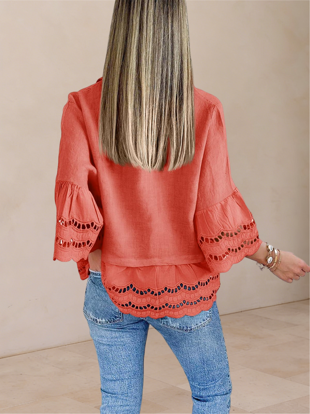 Imily Bela Womens 3/4 Bell Sleeve Button Down Shirts Casual Ruffle Hem Tops Eyelet Blouse