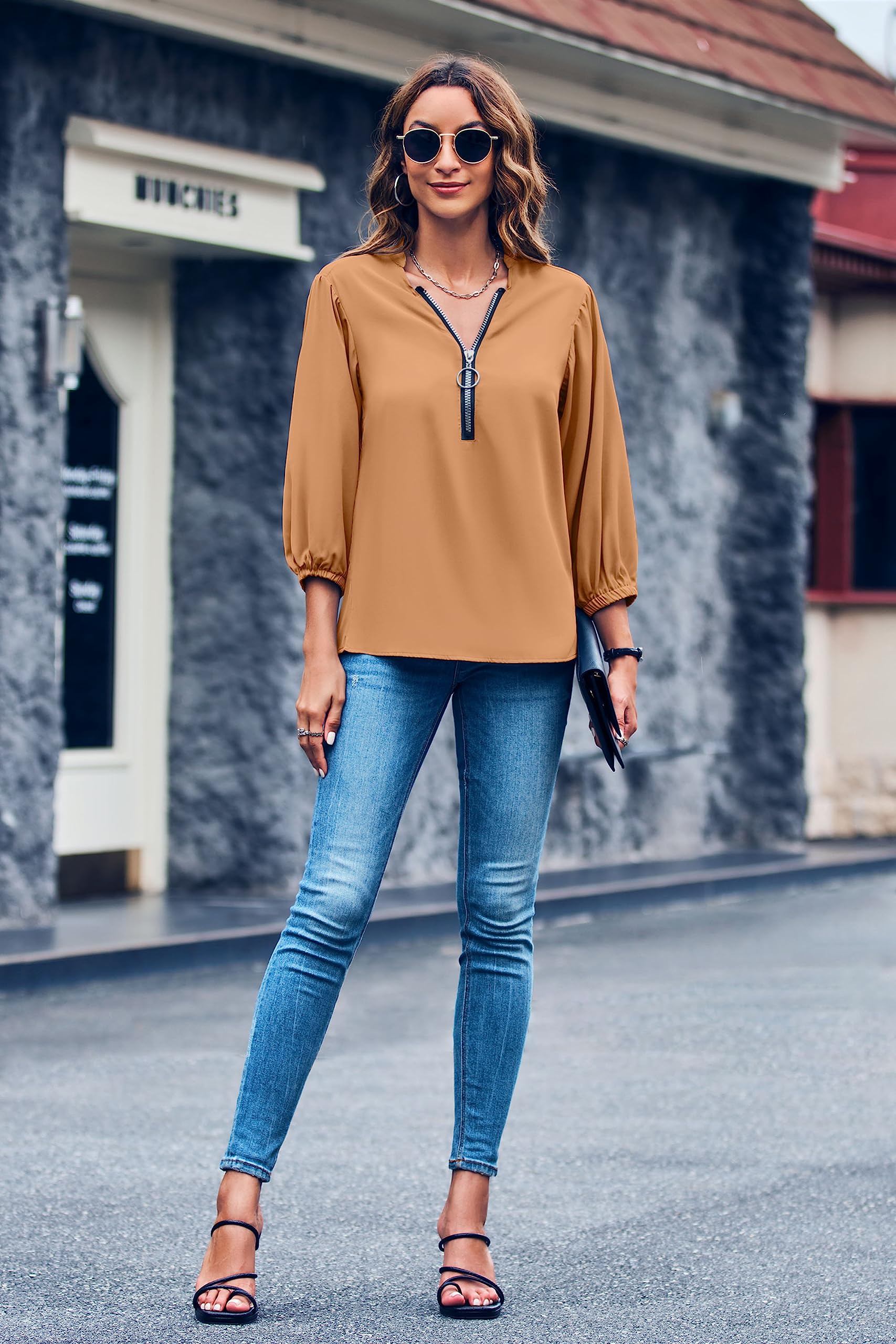 Imily Bela Womens V-Neck Lantern Sleeve Blouse Zipper Design Loose Casual Top Shirts