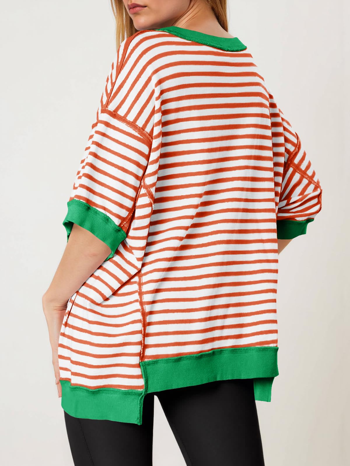 Imily Bela Womens Oversized T Shirts Striped Color Block Cotton Tops Summer Casual Half Sleeve Loose Fit Crewneck Sweatshirts