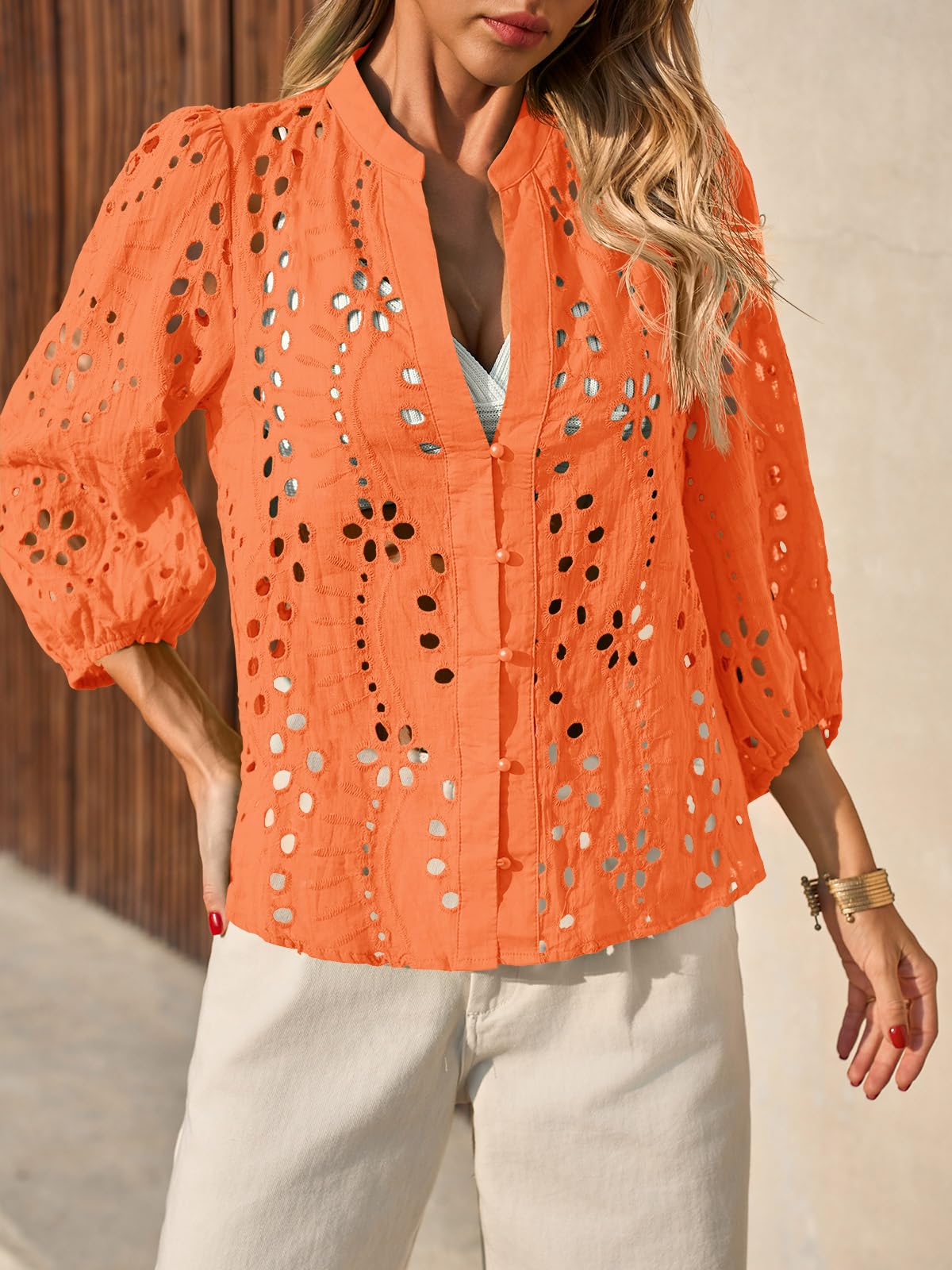 Imily Bela Womens Deep V Neck Eyelet Blouses 3/4 Balloon Sleeve Button Down Hollow Out Fall Shirts