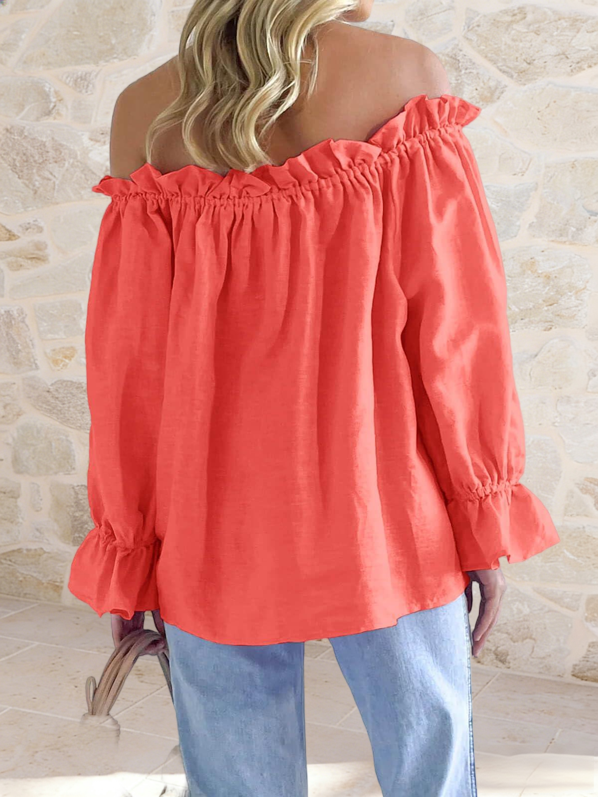 Imily Bela Womens Off The Shoulder Tops Puff Long Sleeve Tie Front Loose Fit Ruffle Shirts Blouses