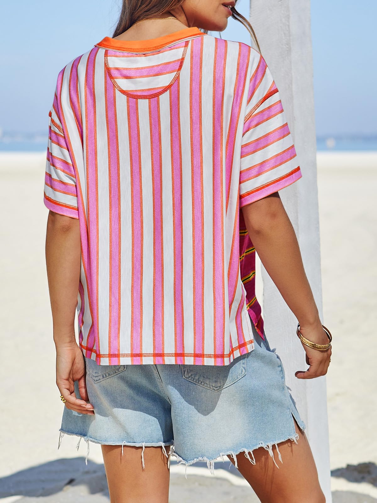 Imily Bela Womens Summer Striped Shirts Casual Color Block Short Sleeve Tops Loose Fit Crew Neck Tees