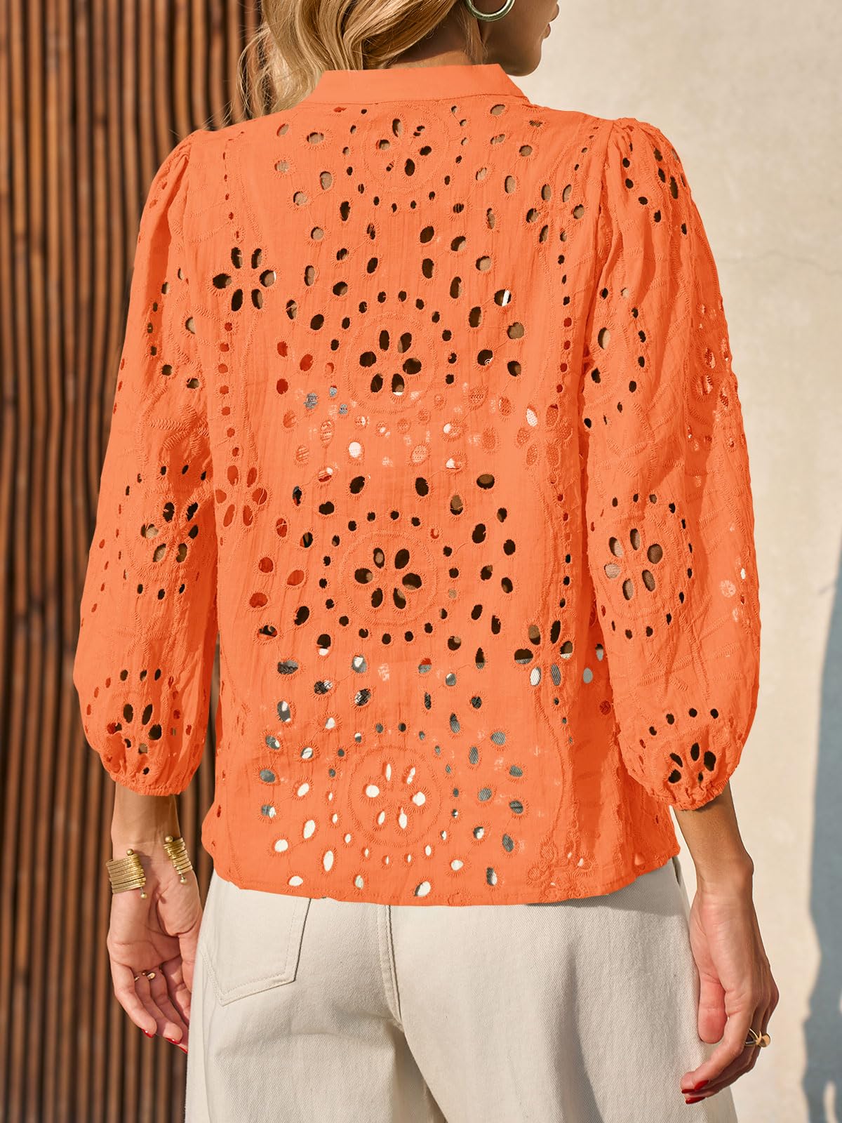 Imily Bela Womens Deep V Neck Eyelet Blouses 3/4 Balloon Sleeve Button Down Hollow Out Fall Shirts