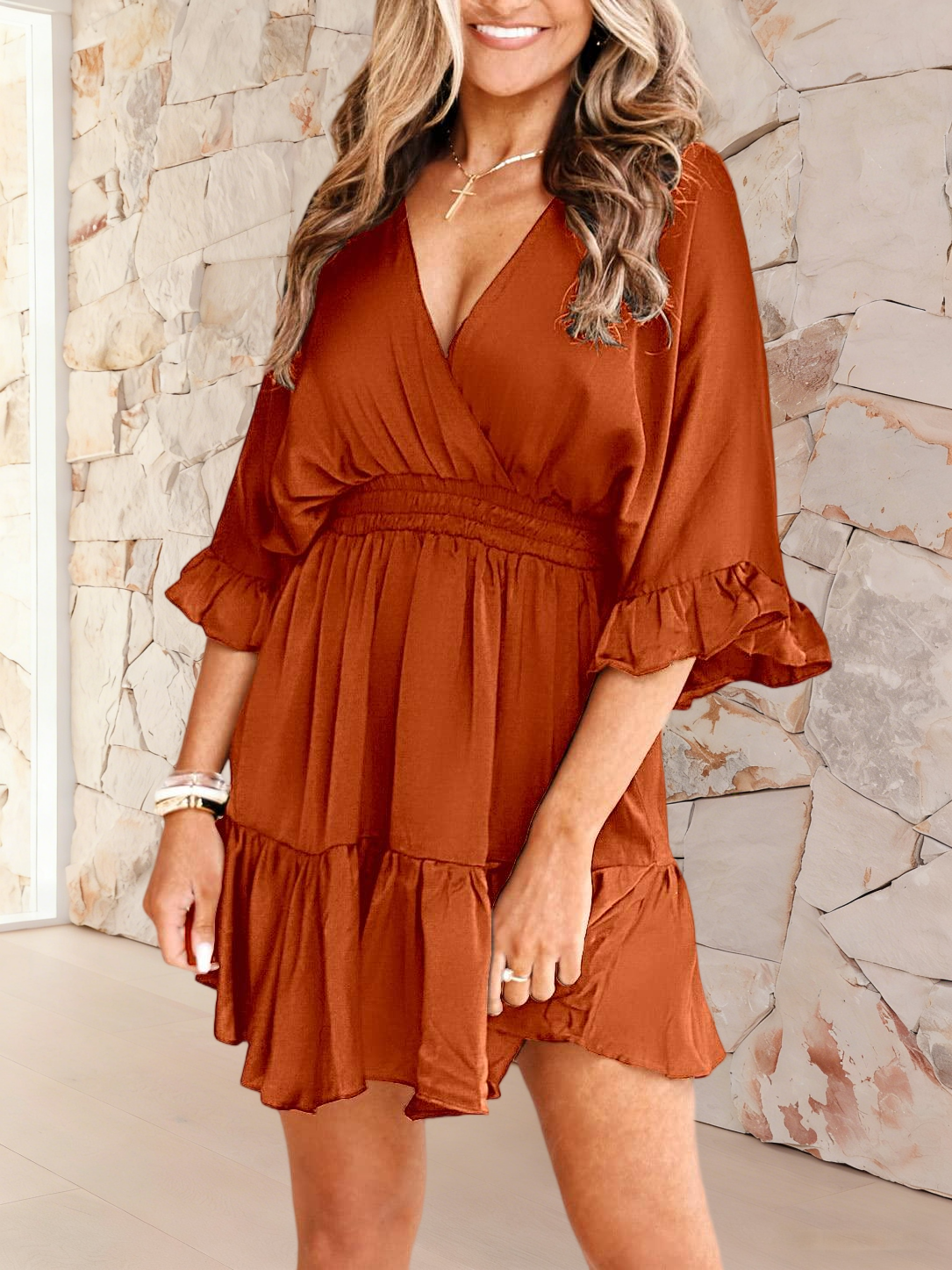 Imily Bela Womens V Neck Casual Dresses Summer Loose High Waist Ruffle Pleated Cute Mini Short Dress