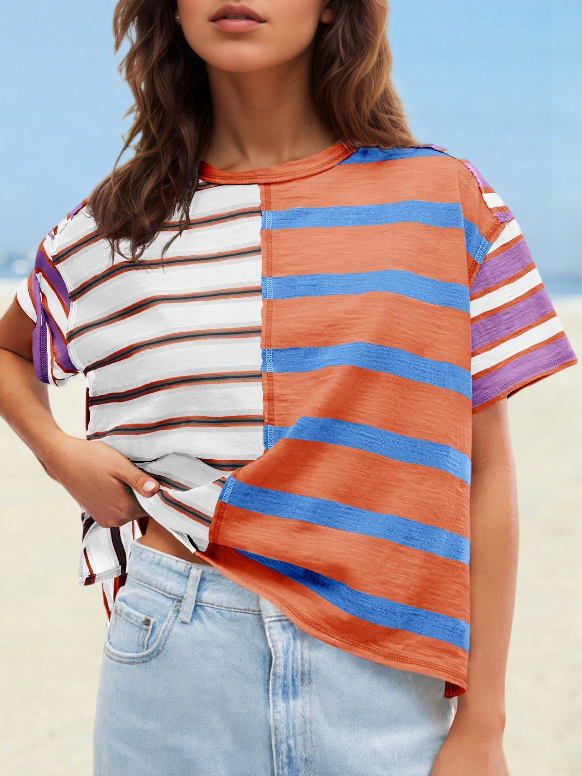Imily Bela Womens Summer Striped Shirts Casual Color Block Short Sleeve Tops Loose Fit Crew Neck Tees