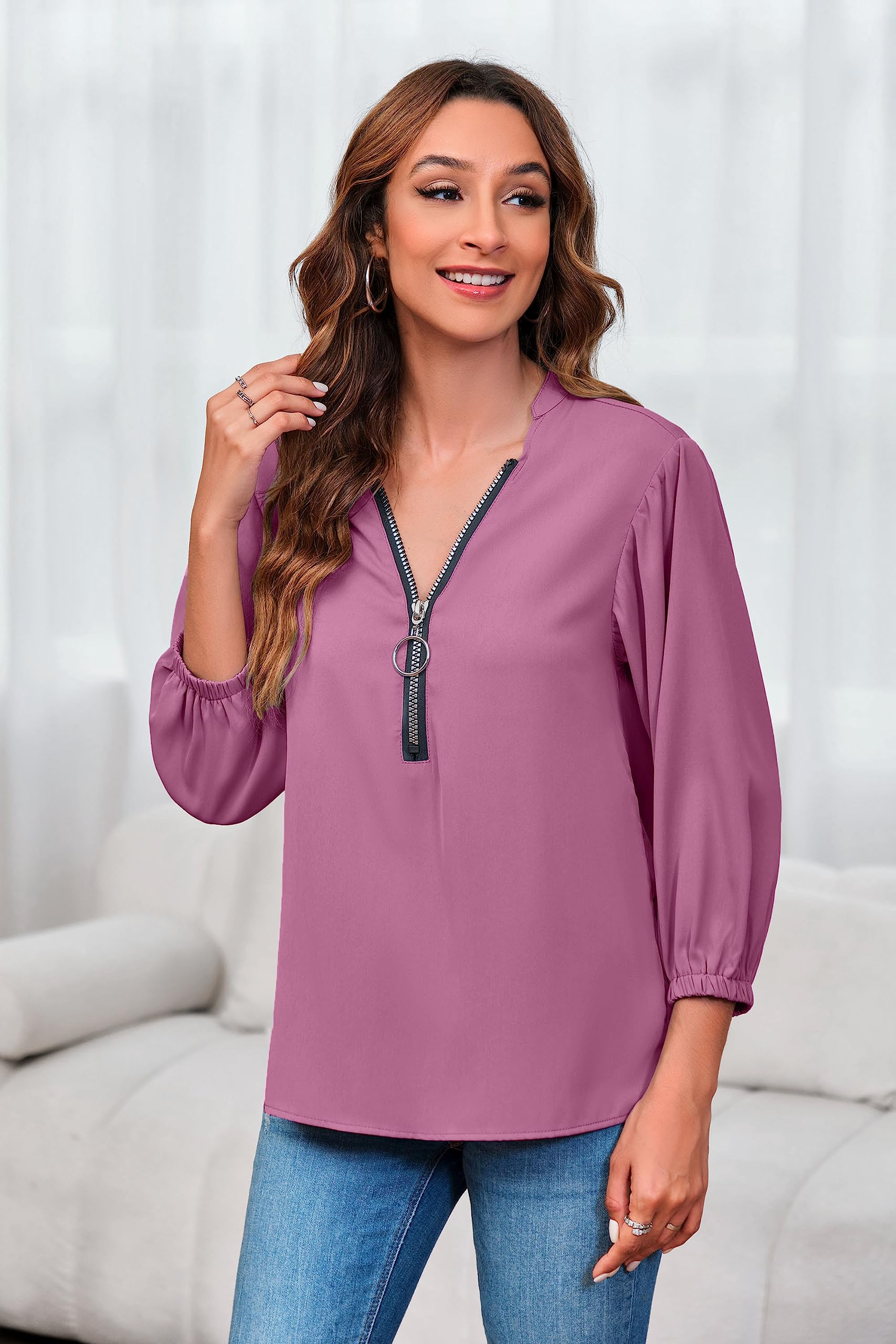 Imily Bela Womens V-Neck Lantern Sleeve Blouse Zipper Design Loose Casual Top Shirts