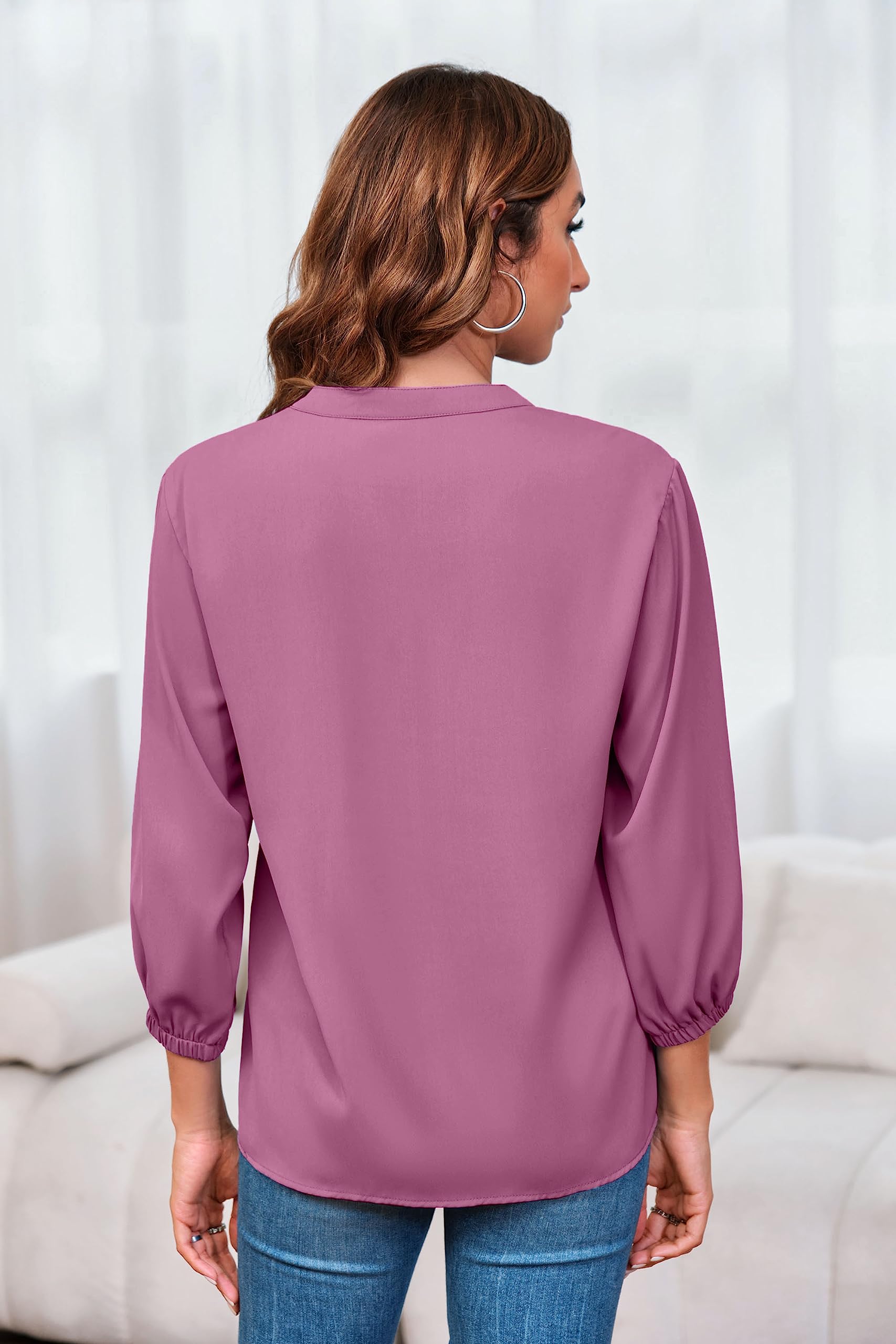 Imily Bela Womens V-Neck Lantern Sleeve Blouse Zipper Design Loose Casual Top Shirts