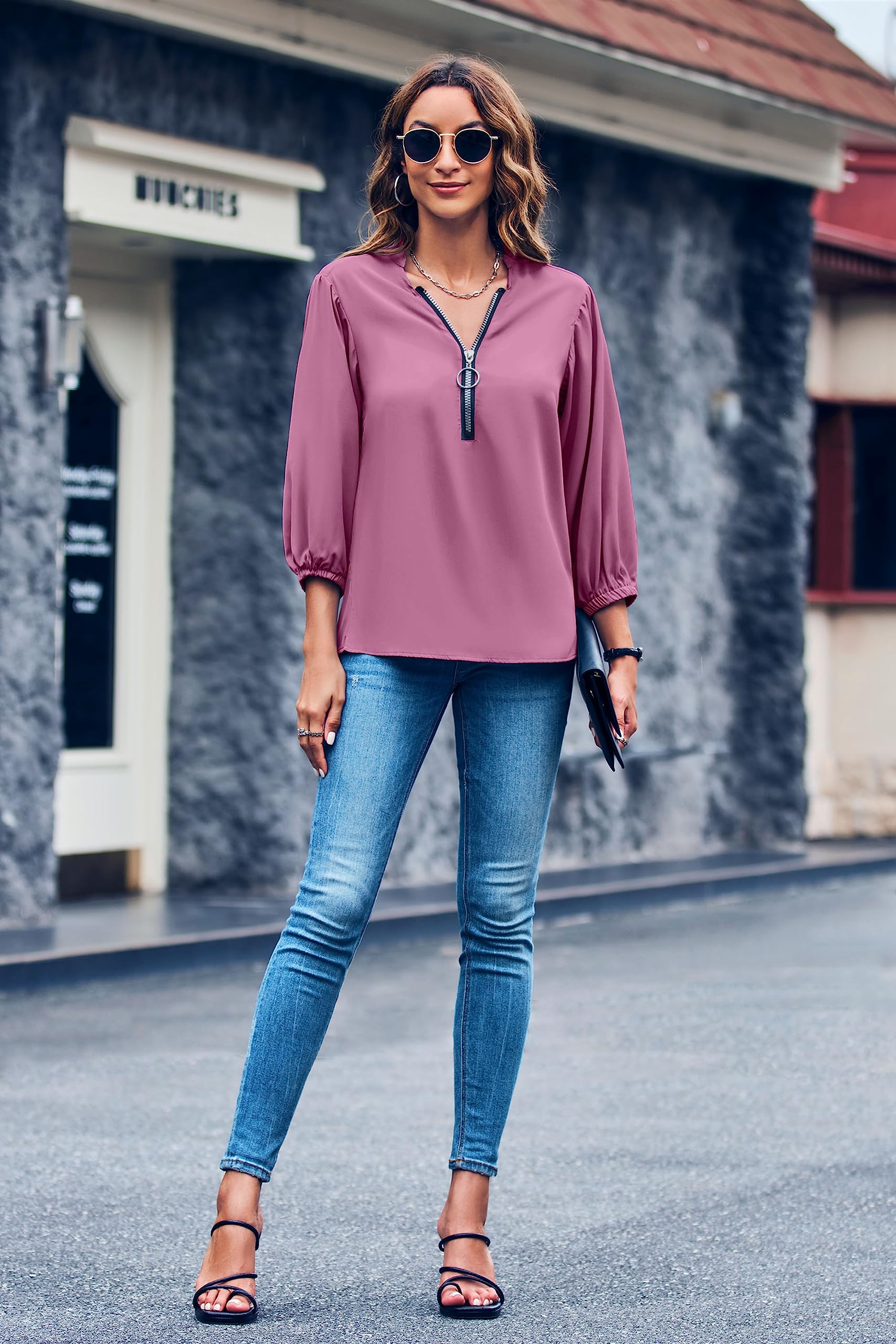 Imily Bela Womens V-Neck Lantern Sleeve Blouse Zipper Design Loose Casual Top Shirts