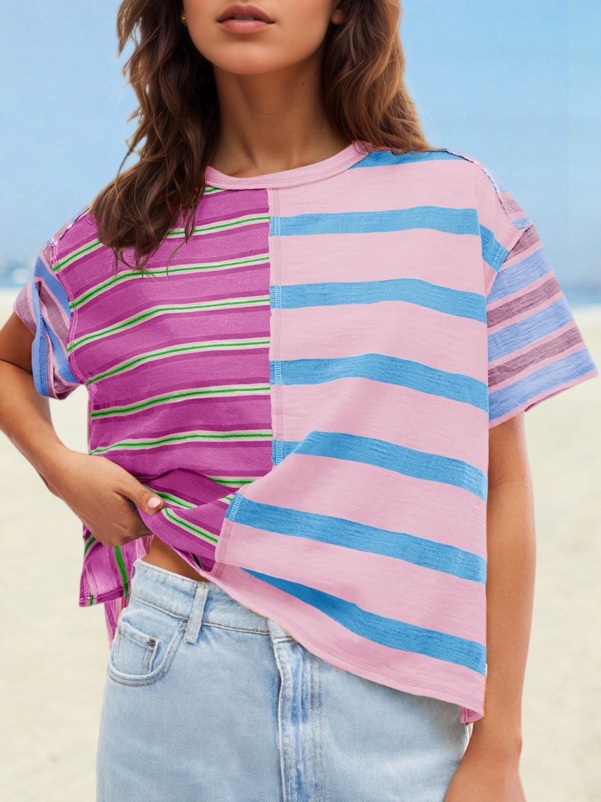 Imily Bela Womens Summer Striped Shirts Casual Color Block Short Sleeve Tops Loose Fit Crew Neck Tees