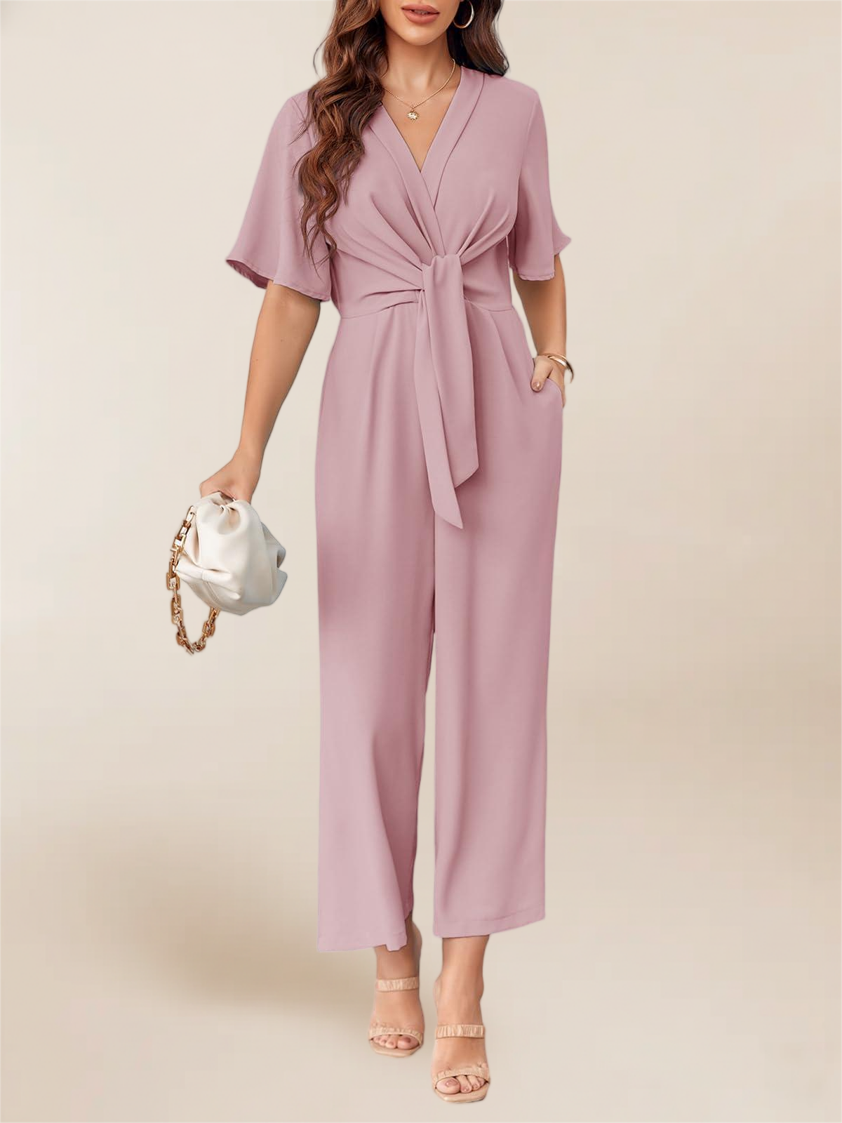 Imily Bela Women's Elegant V Neck Jumpsuits Dressy Casual Short Sleeve Wide Leg Long Pants Rompers