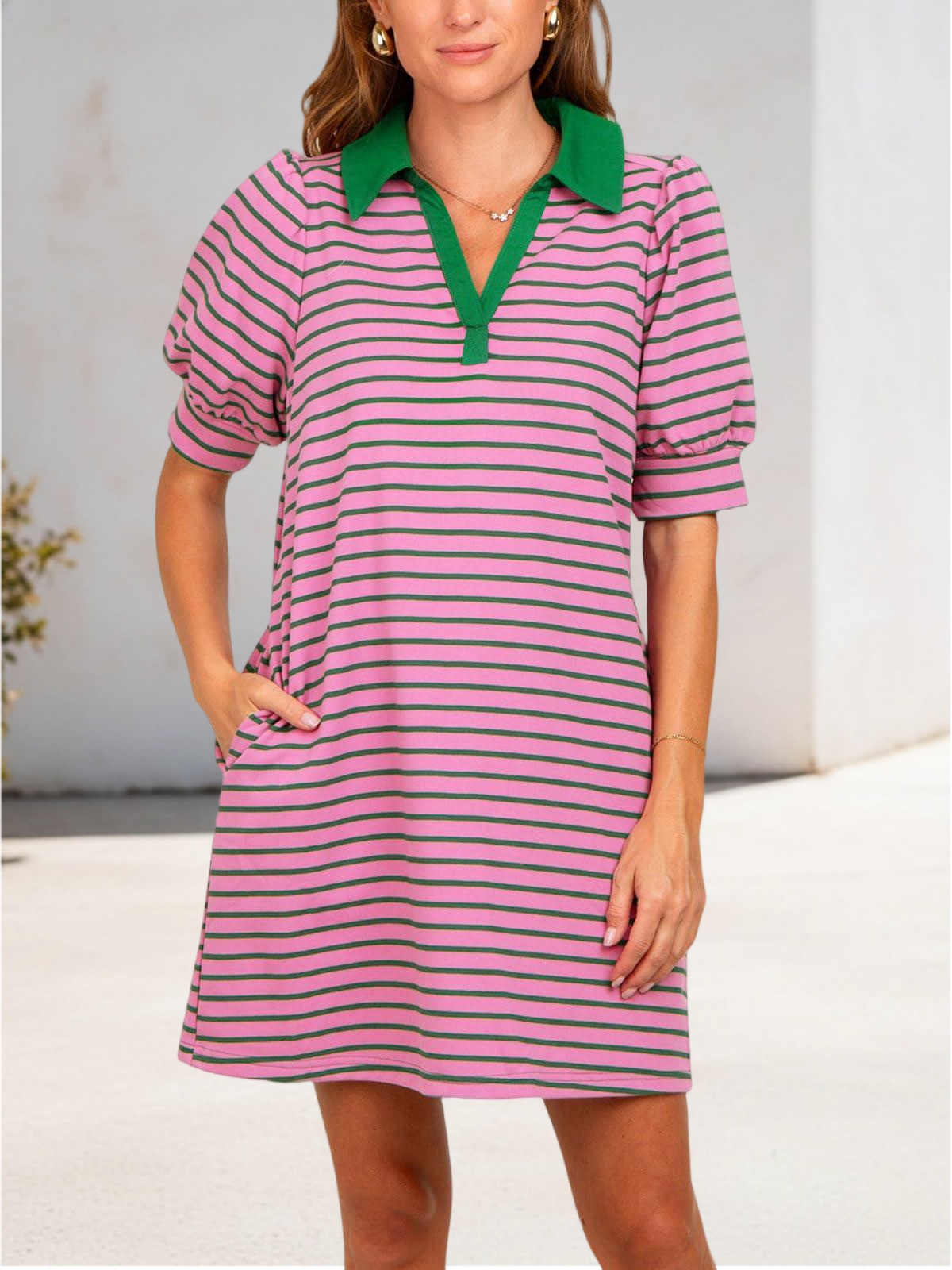 Imily Bela Women's Summer Lapel Collared V Neck Striped Dress Casual Puff Short Sleeve Polo Tshirt Dresses with Pockets