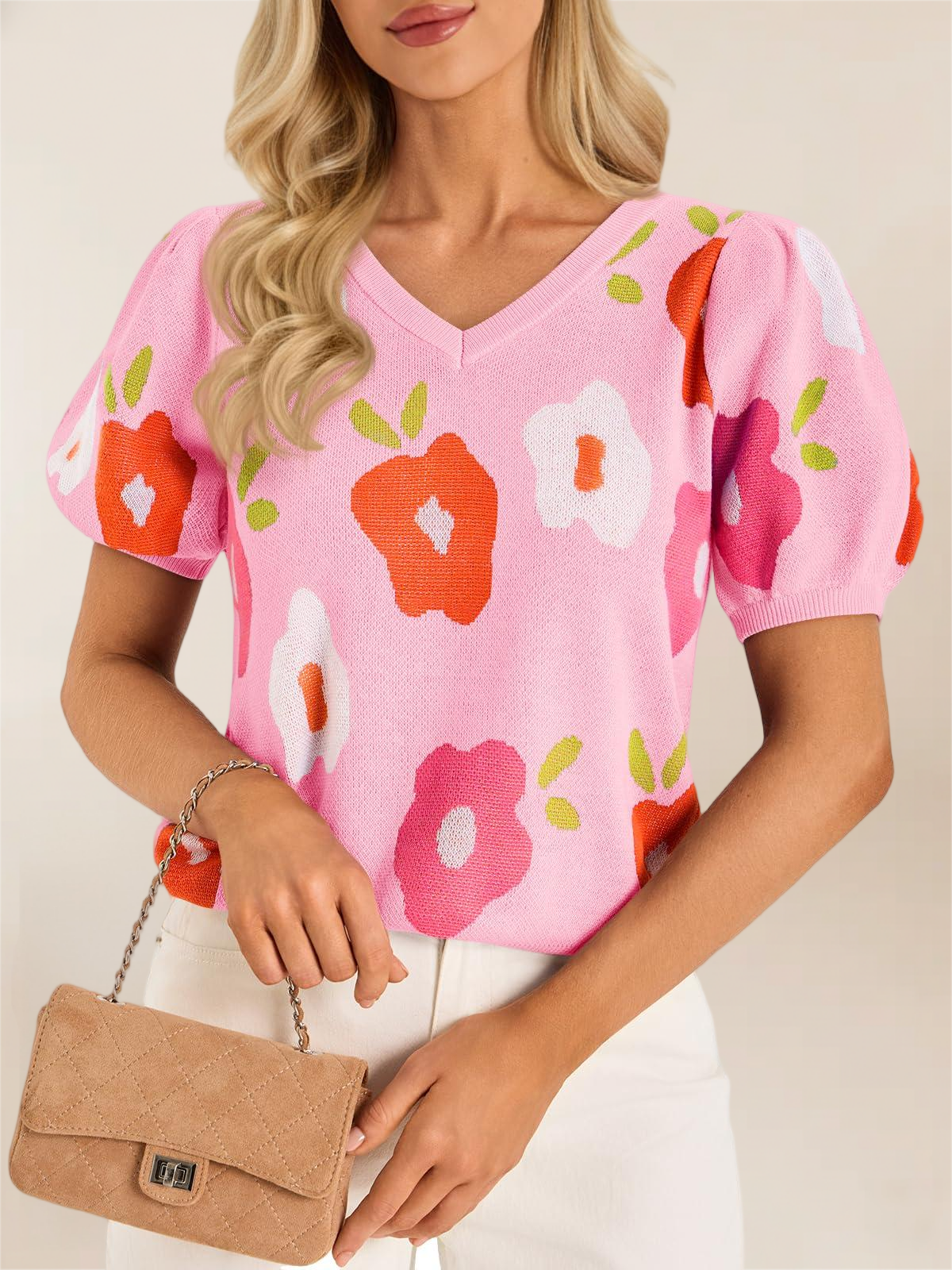 Imily Bela Womens Puff Short Sleeve Sweater Tops 2026 Spring Summer Floral Pullover V Neck Casual Knit T Shirts