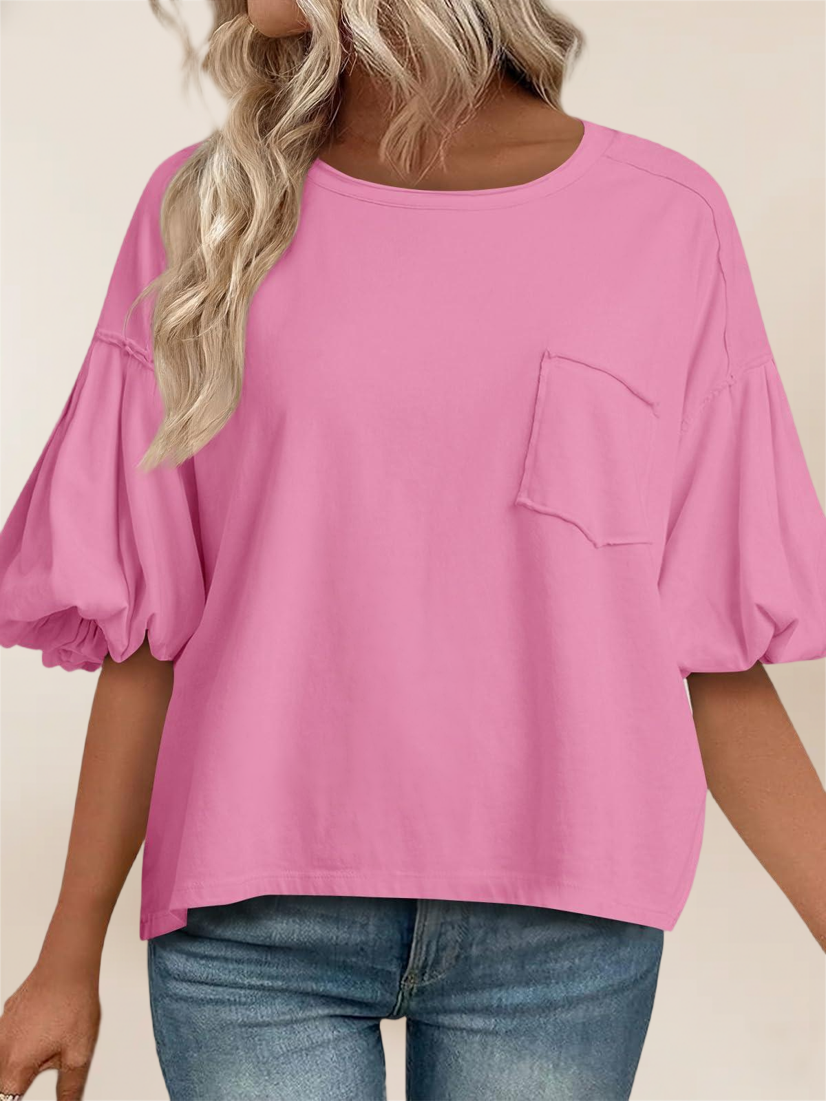 Imily Bela Womens Puff Sleeve Tops Crew Neck Drop Shoulder Pocket T-Shirt Summer Casual Tees Loose Fit Blouse