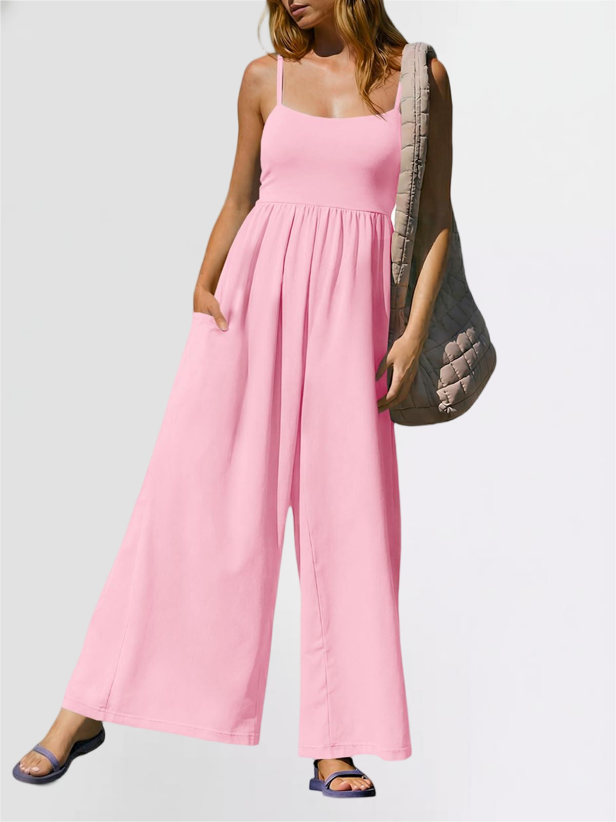 Imily Bela Womens Summer Jumpsuits One Piece Casual Loose Overalls Spaghetti Strap Wide Leg Rompers With Pockets Workout Outfits