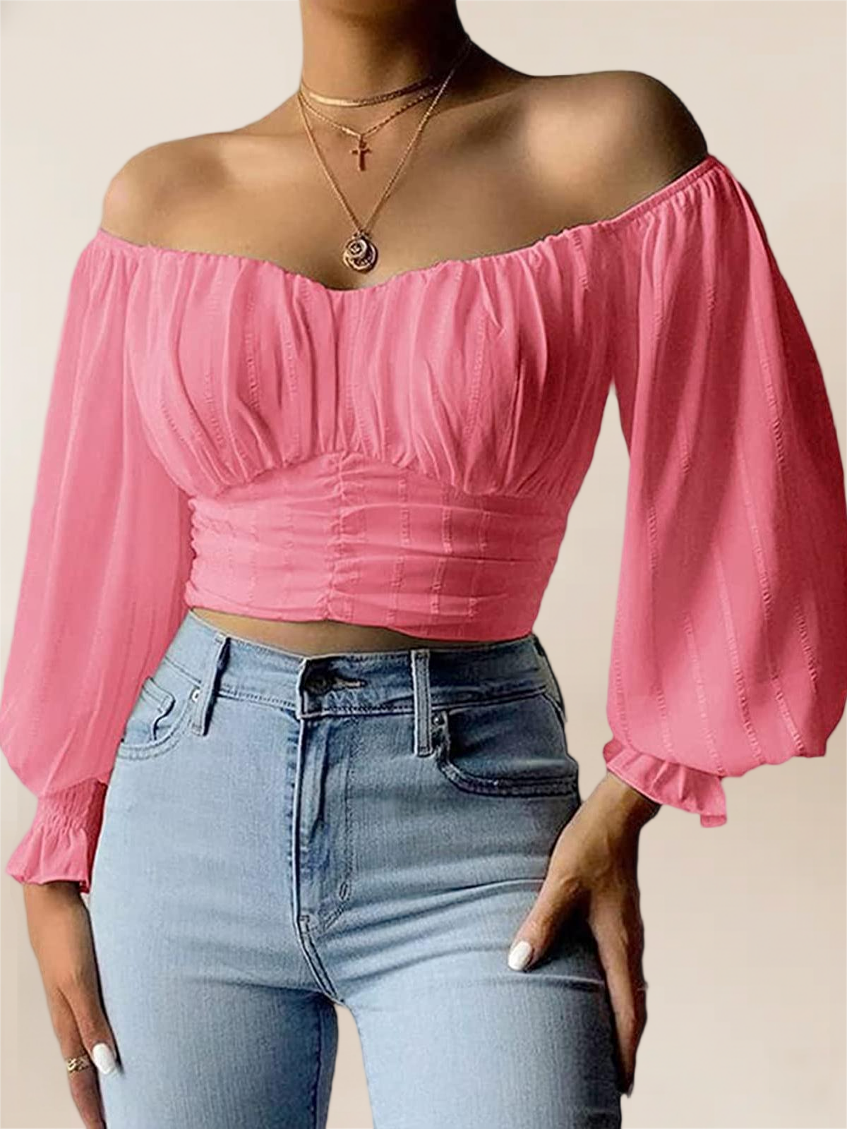 Imily Bela Womens Elegant Off The Shoulder Puff Sleeve Blouse Summer Chiffon Slim Fit Party Crop Top