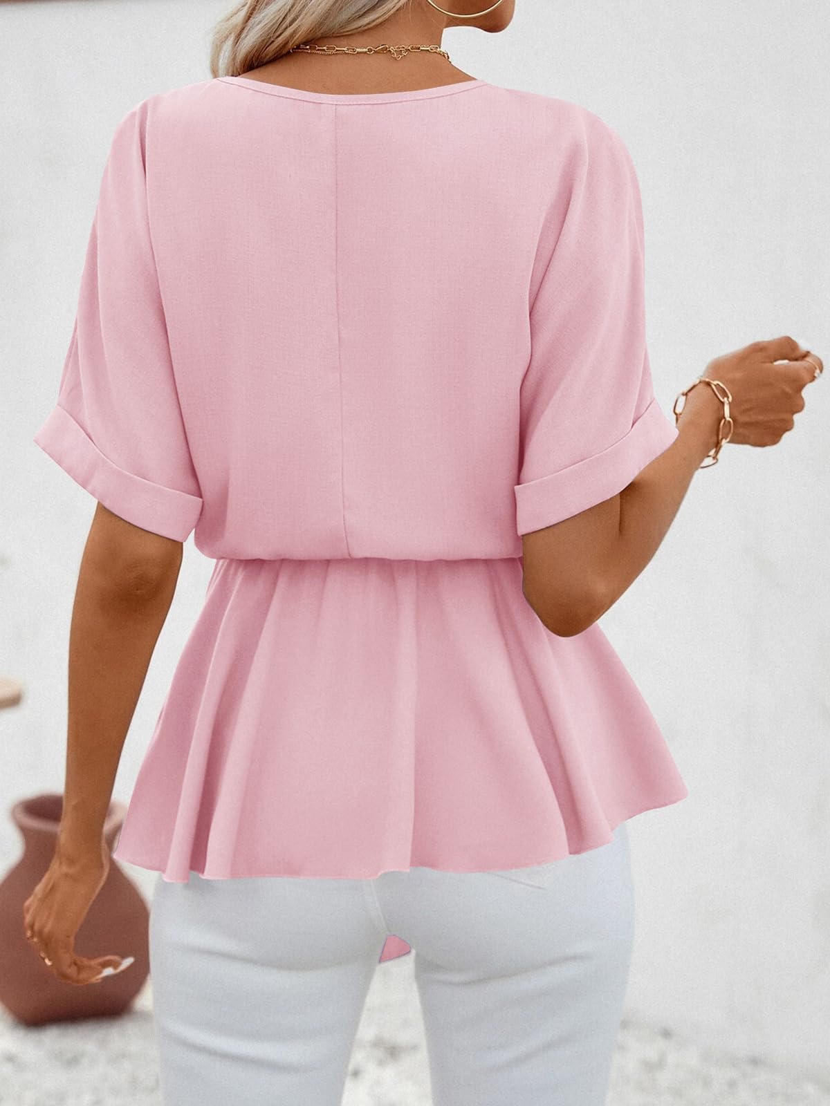 Imily Bela Womens V Neck Blouse Short Sleeve Belted Casual T-Shirts Basic Tee Tops