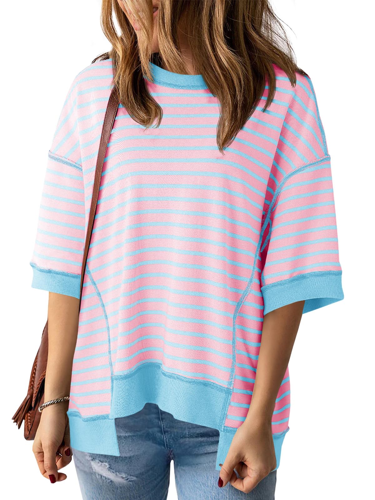 Imily Bela Womens Oversized T Shirts Striped Color Block Cotton Tops Summer Casual Half Sleeve Loose Fit Crewneck Sweatshirts