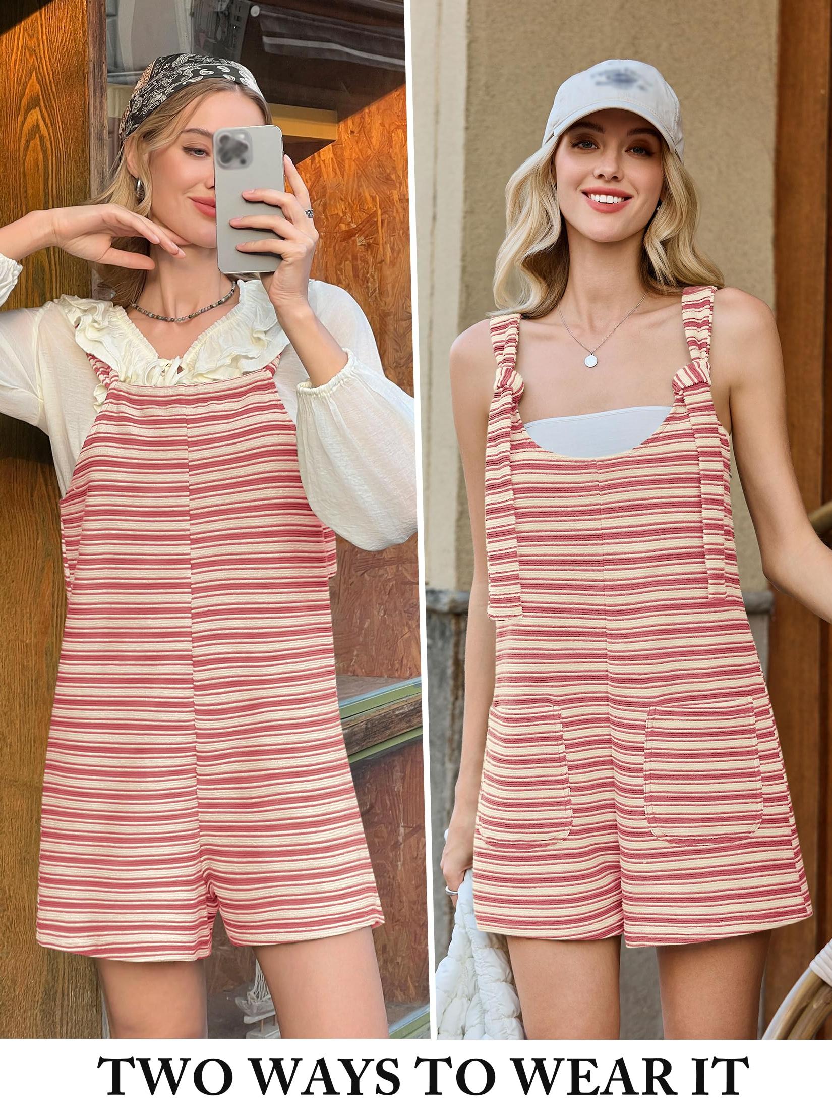 Imily Bela Womens Summer Casual Sleeveless Romper Loose Striped Tied Shorts Overalls Jumpsuit with Pockets